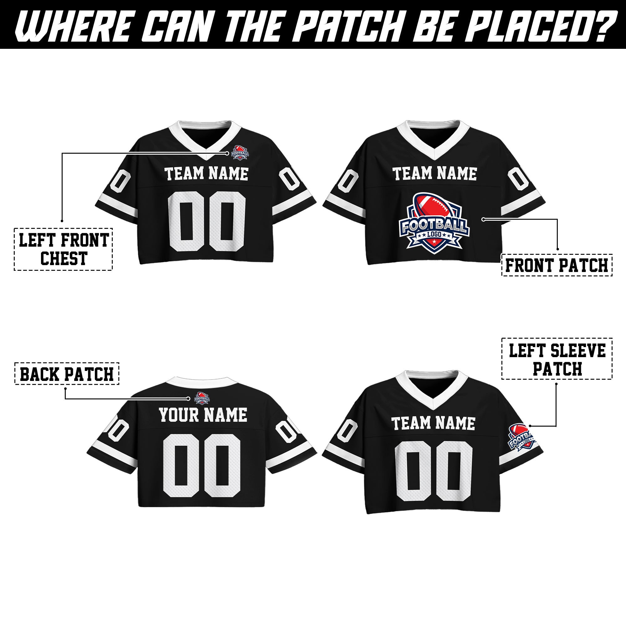 Personalized Black White Cropped Football Jersey, Fashionable Cropped Jersey for a Gameday Outfit