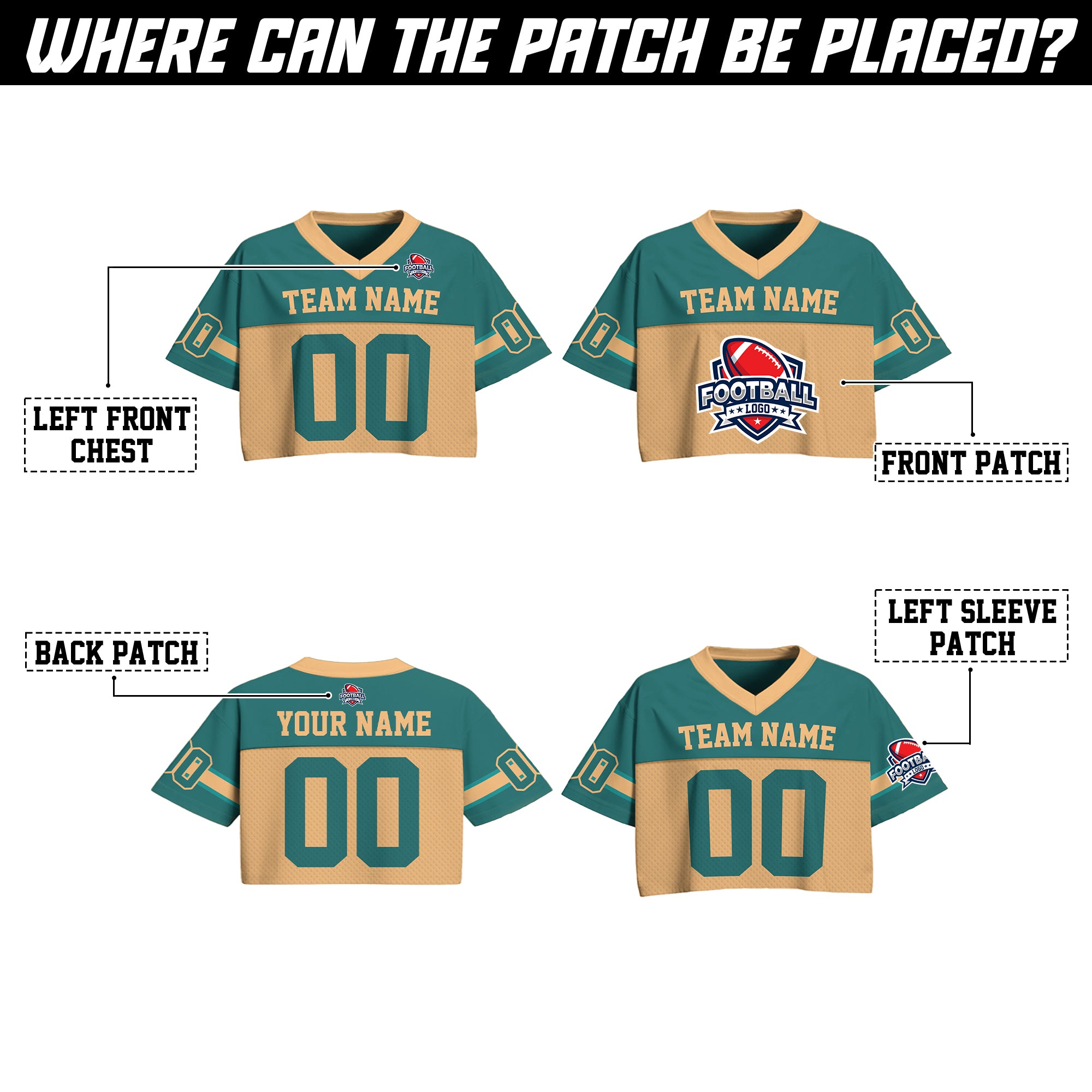 Personalized Teal Gold Cropped Football Jersey, Sporty Cropped Football Jersey for Concerts and Festivals