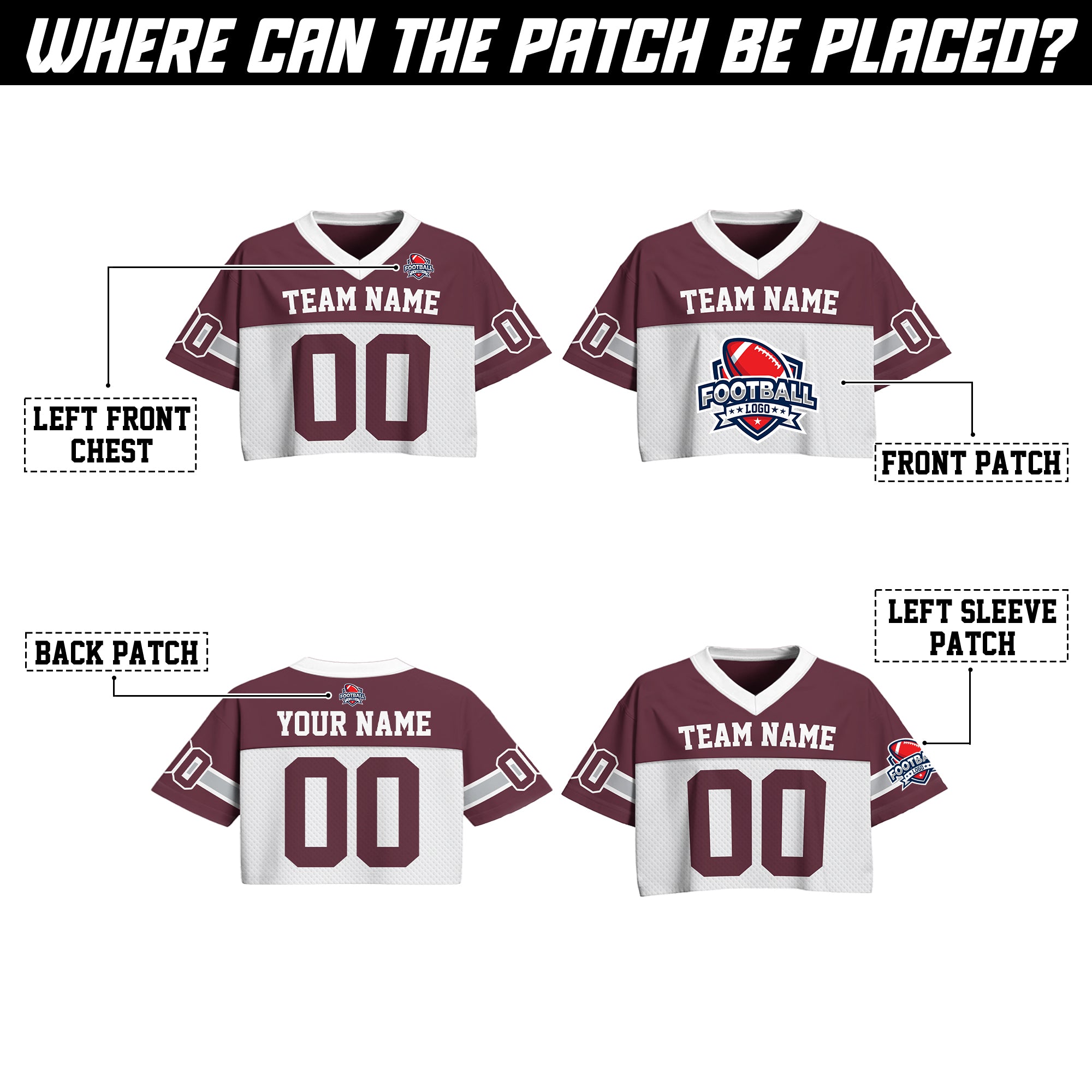 Custom Maroon White Cropped Football Jersey, Personalized Crop Top Football Jersey