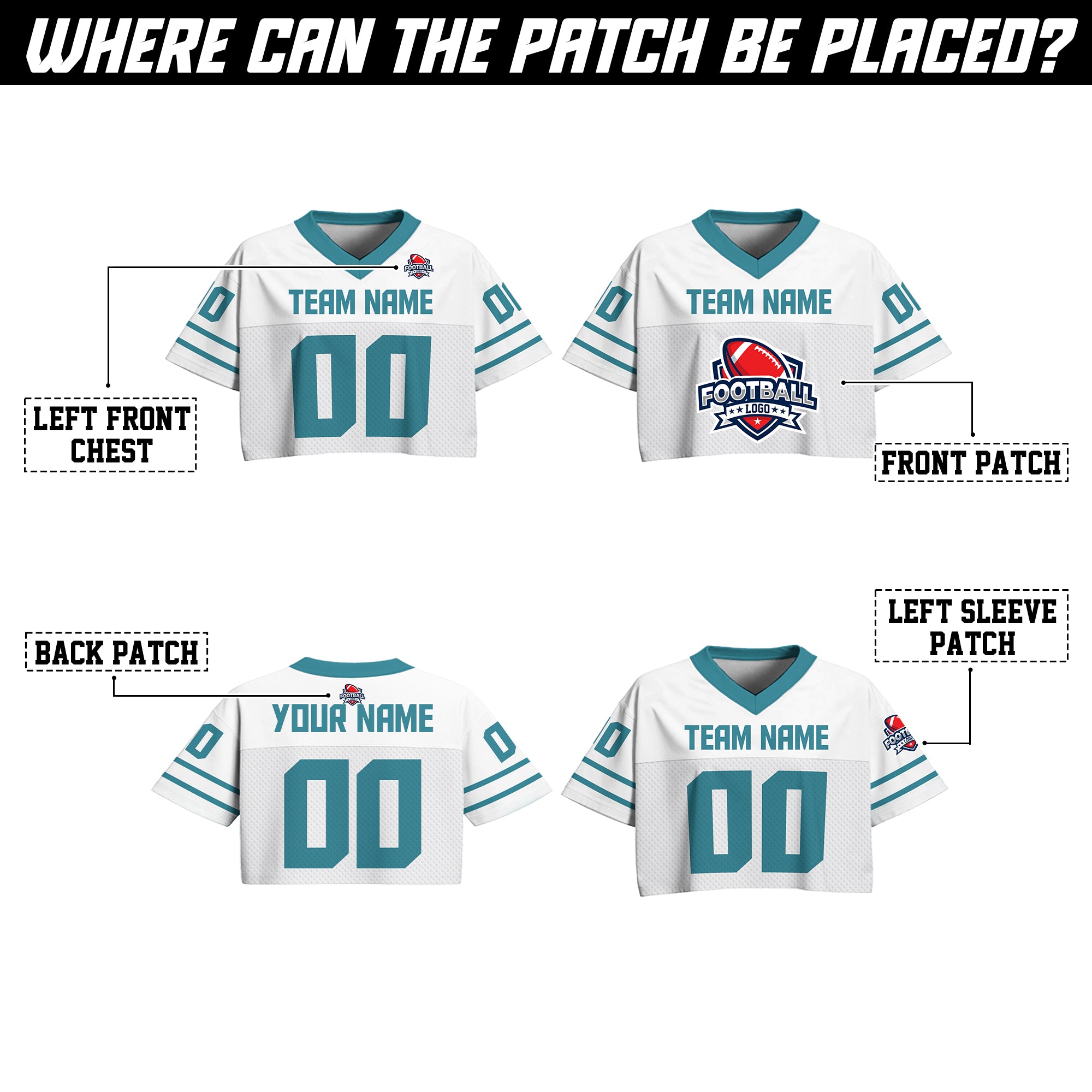 Custom White and Teal Cropped Football Jersey, Custom Fan Apparel for Game Day