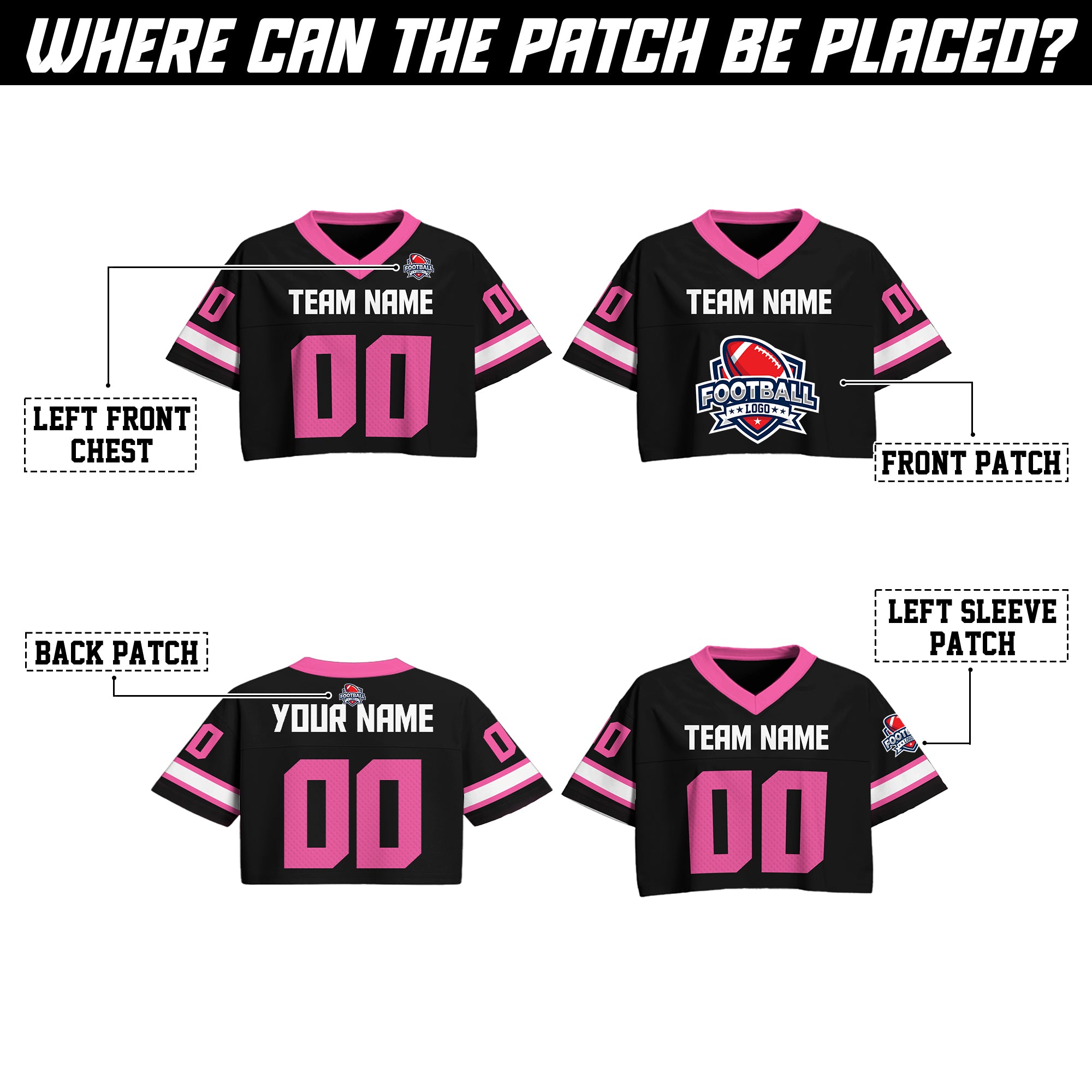 Custom Black and Pink Cropped Football Jersey, Personalized Women’s Game Day Top
