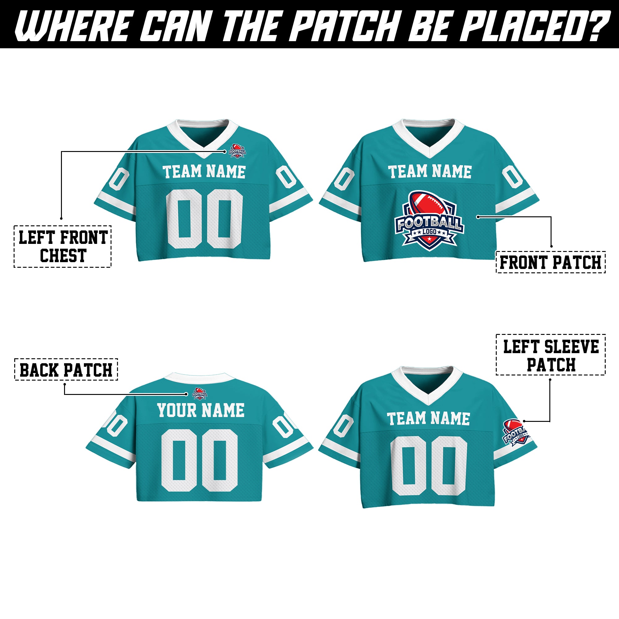 Custom Teal White Cropped Football Jersey, Gameday Cropped Football Jersey