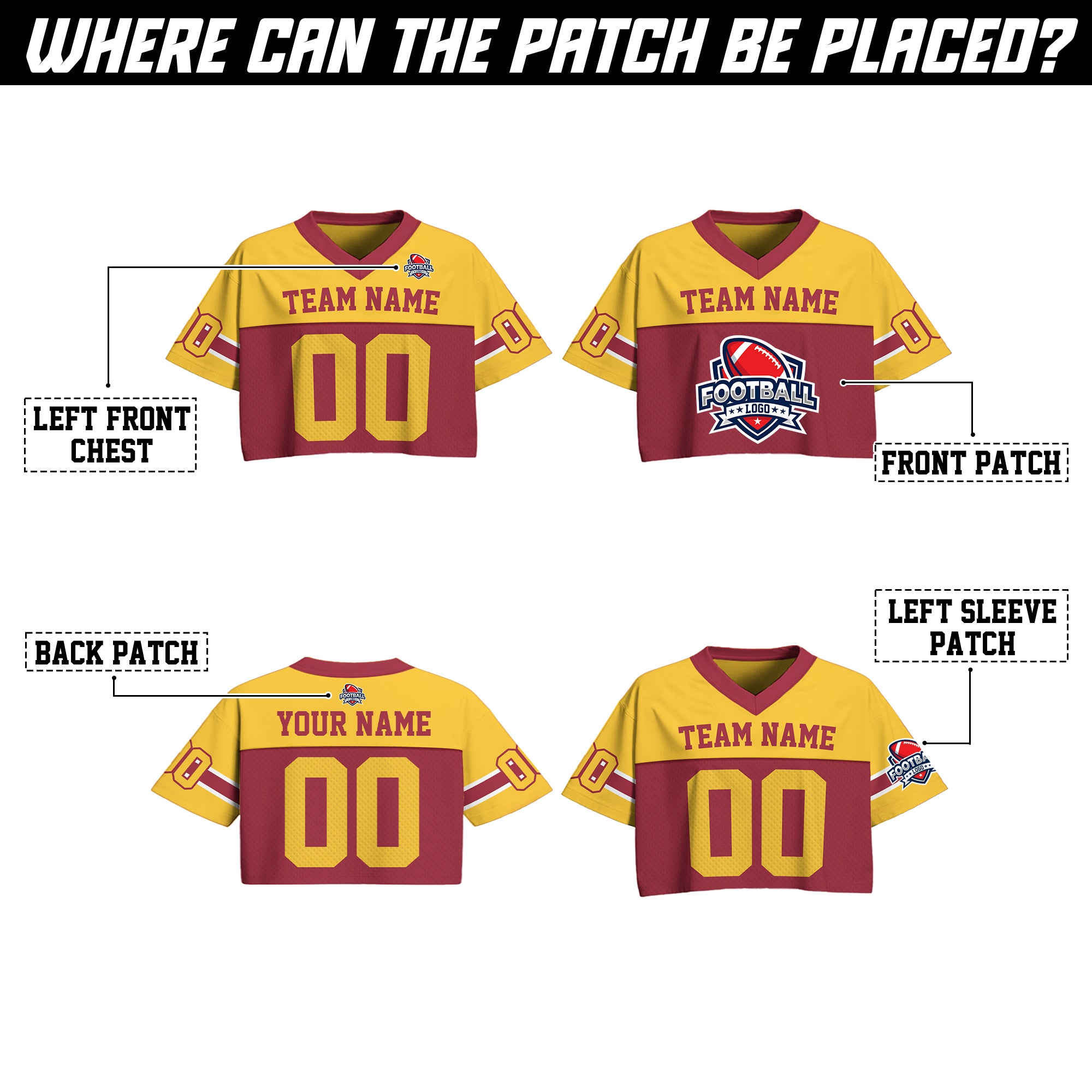 Personalized Yellow Maroon Cropped Football Jersey, Personalized Streetwear for Women Girl