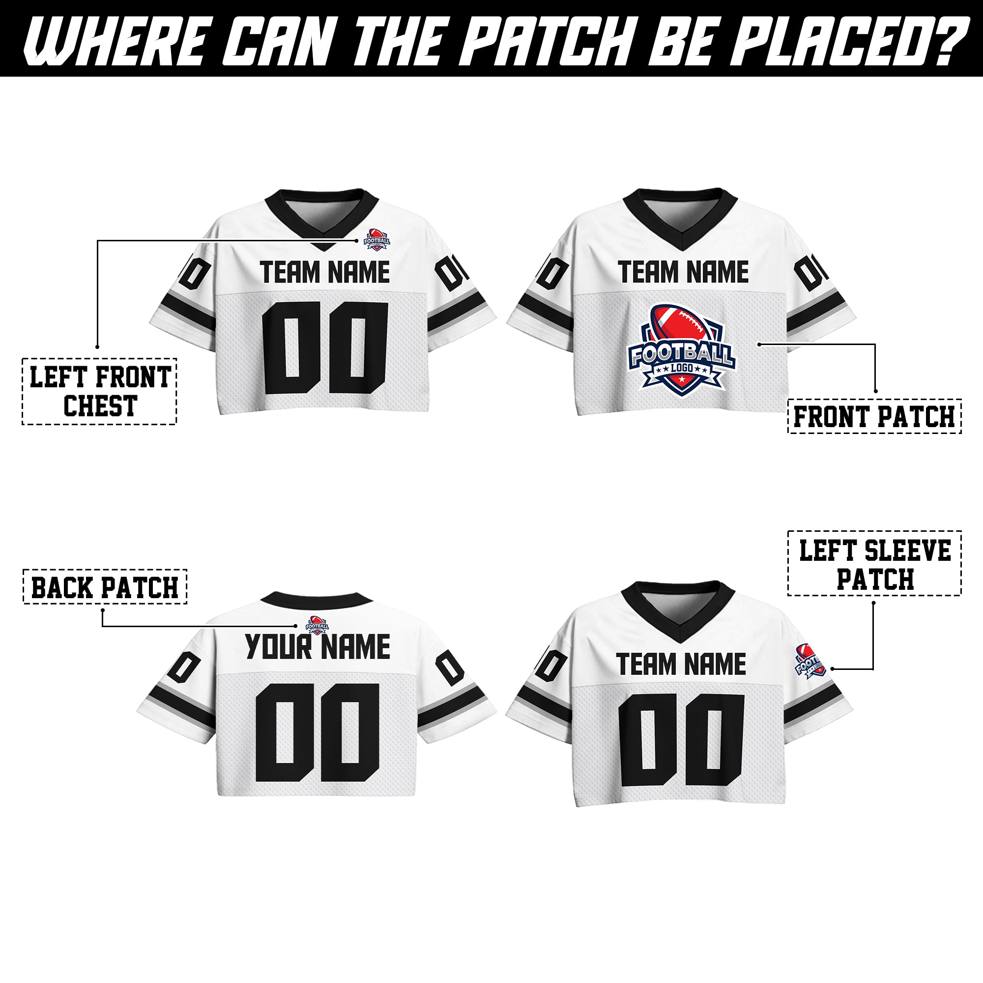 Custom White Black Cropped Football Jersey, Hip Hop Streetwear