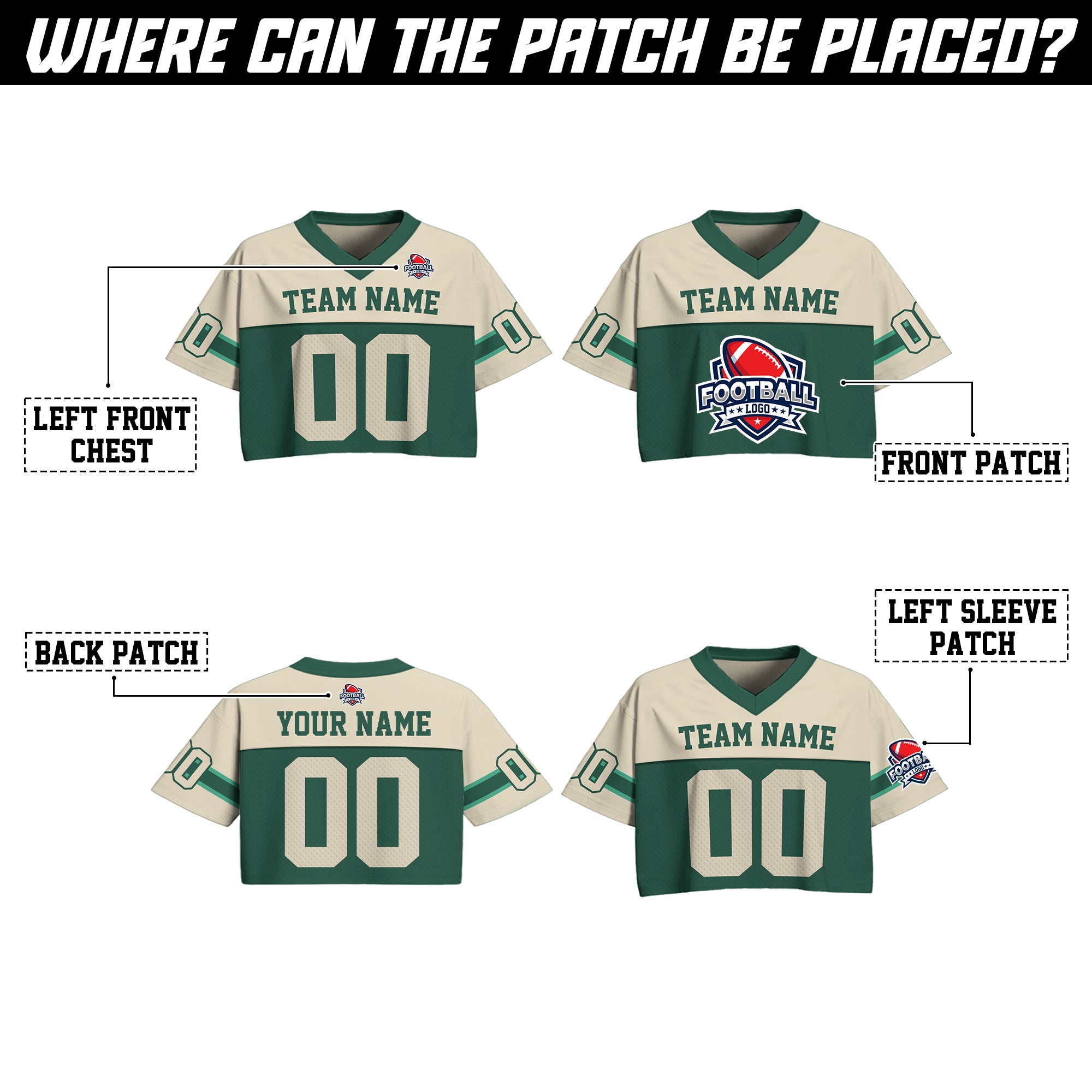 Personalized Green Beige Cropped Football Jersey, Vintage Cropped Football Jersey