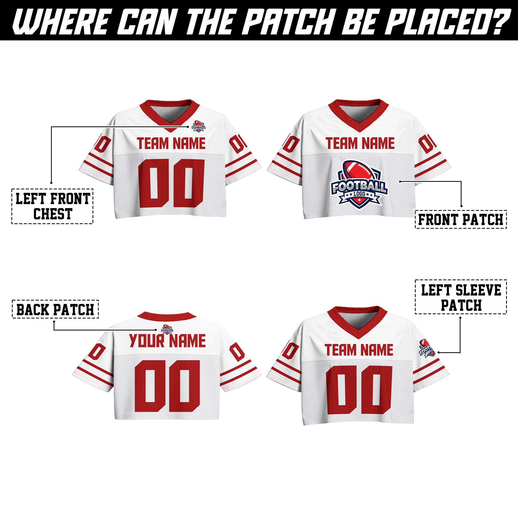 Custom White and Red Cropped Football Jersey, Personalized Women’s Game Day Top
