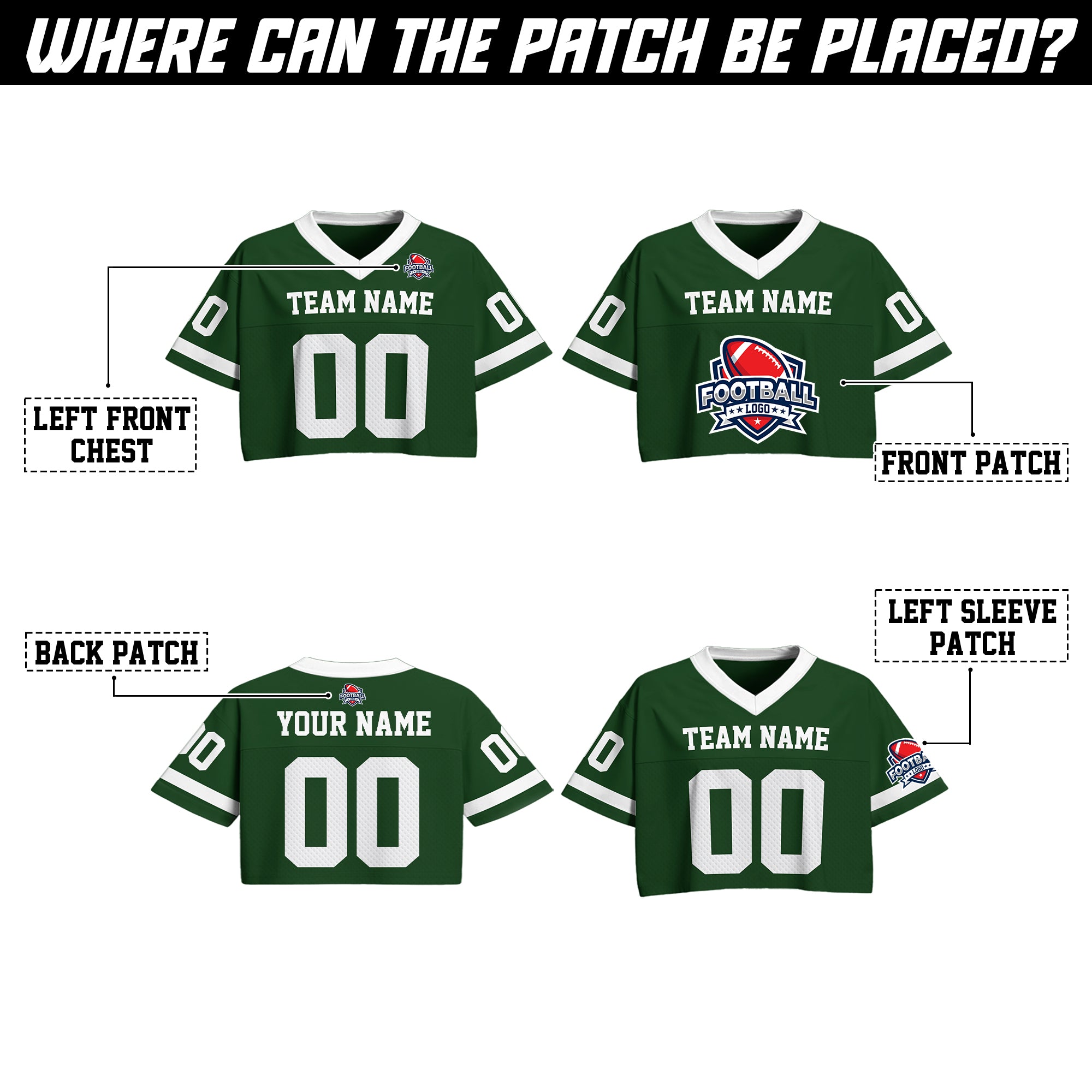 Personalized Green White Cropped Football Jersey, Relaxed Fit Cropped American Football Jersey