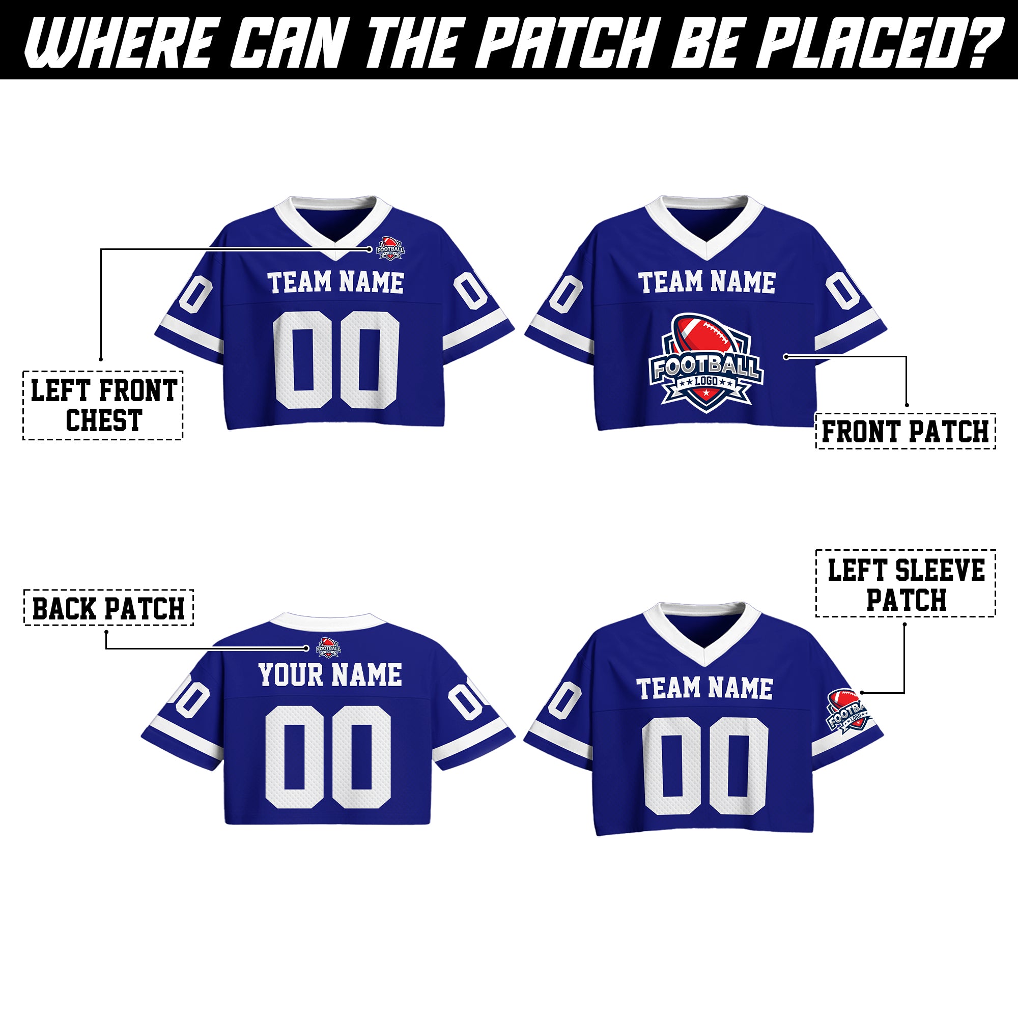 Personalized Royal Blue White Cropped Football Jersey, Sporty Cropped Football Jersey for Concerts and Festivals