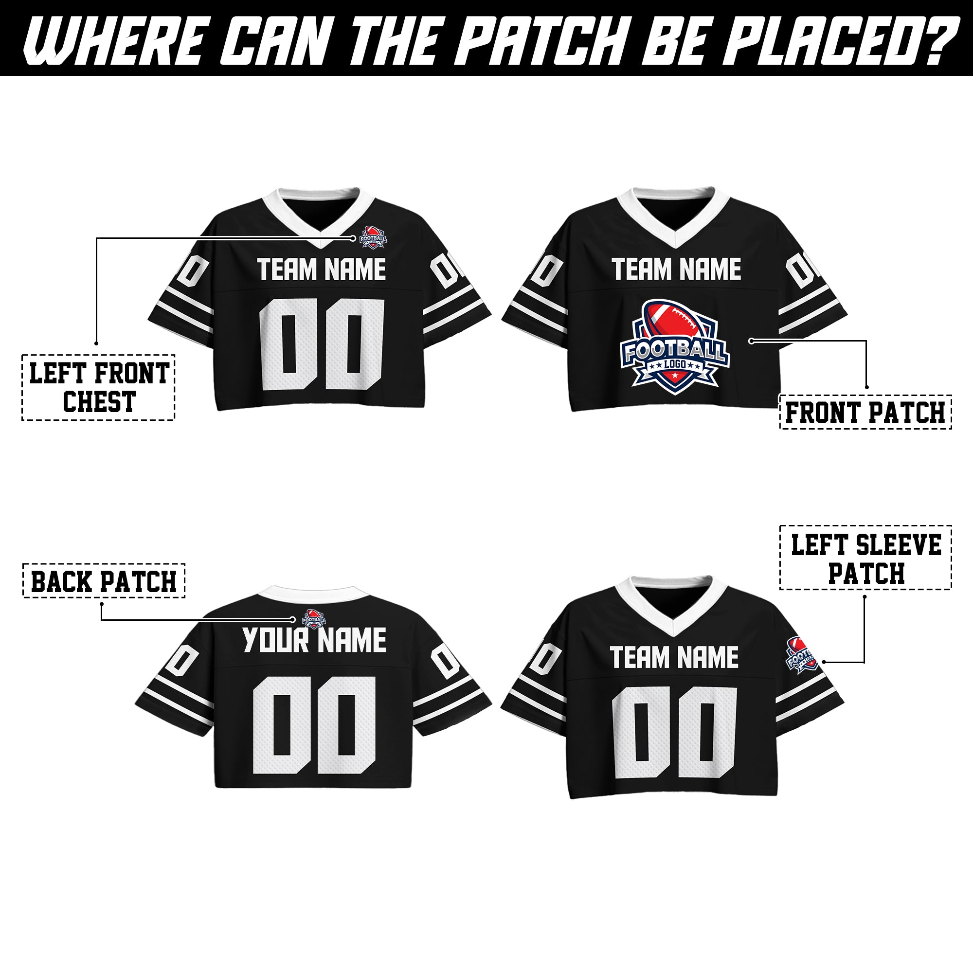 Custom Black White Cropped Football Jersey, Custom Team Name Number Crop Jersey
