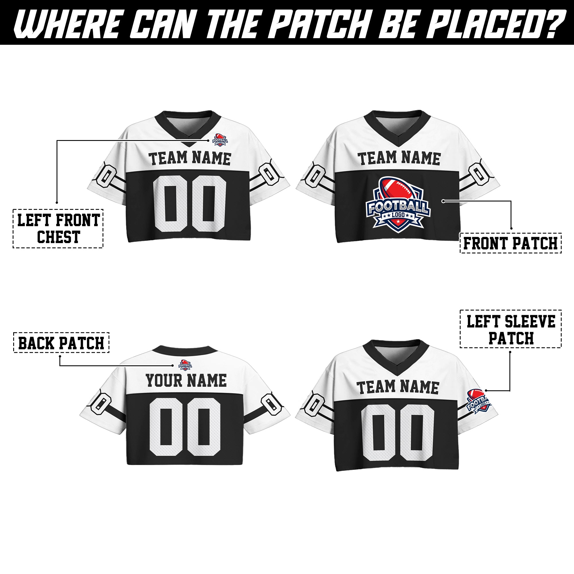 Custom Black White Cropped Football Jersey, Women's Mesh Cropped Football Jersey for Streetwear