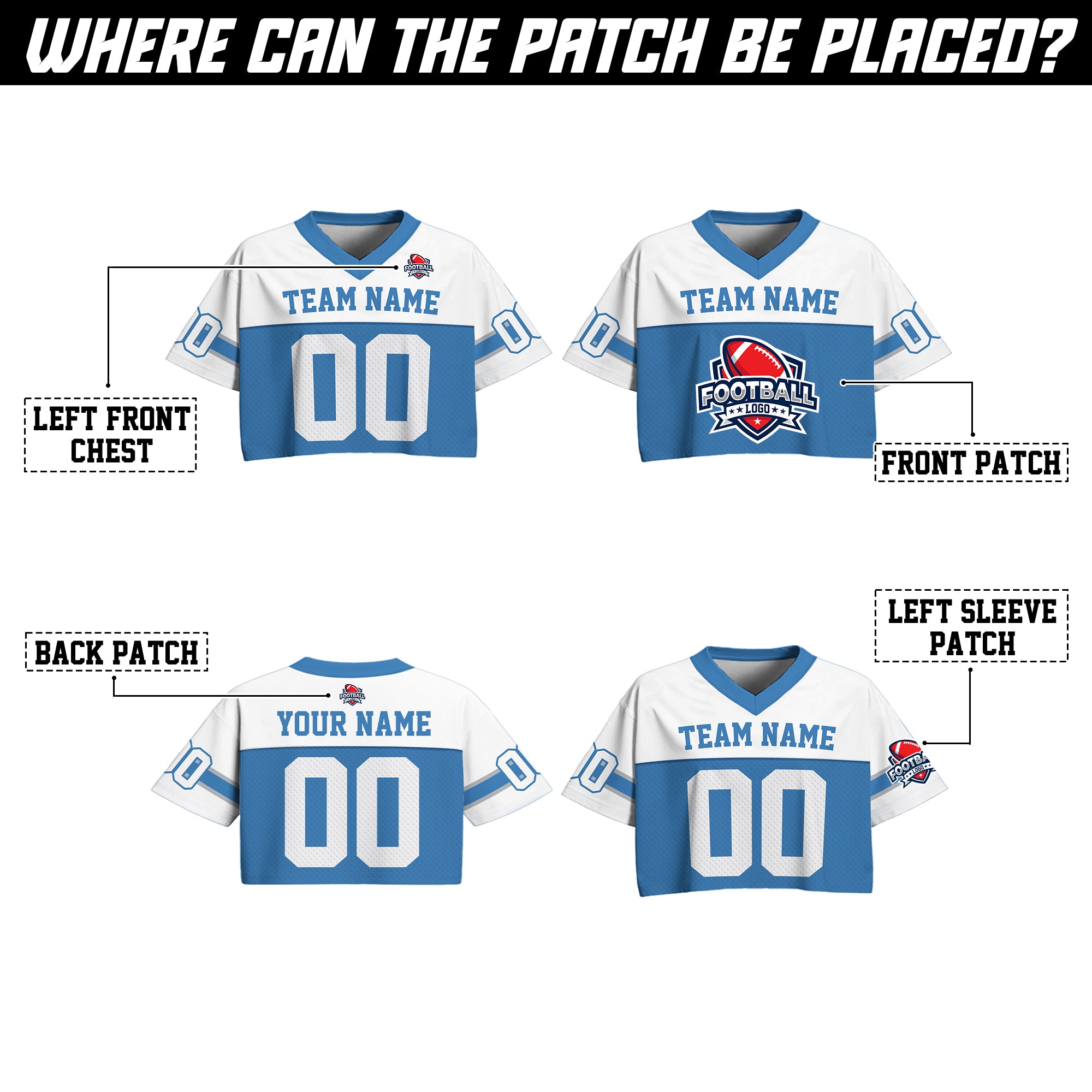 Personalized White Blue Cropped Football Jersey, College Football Crop Top Jersey