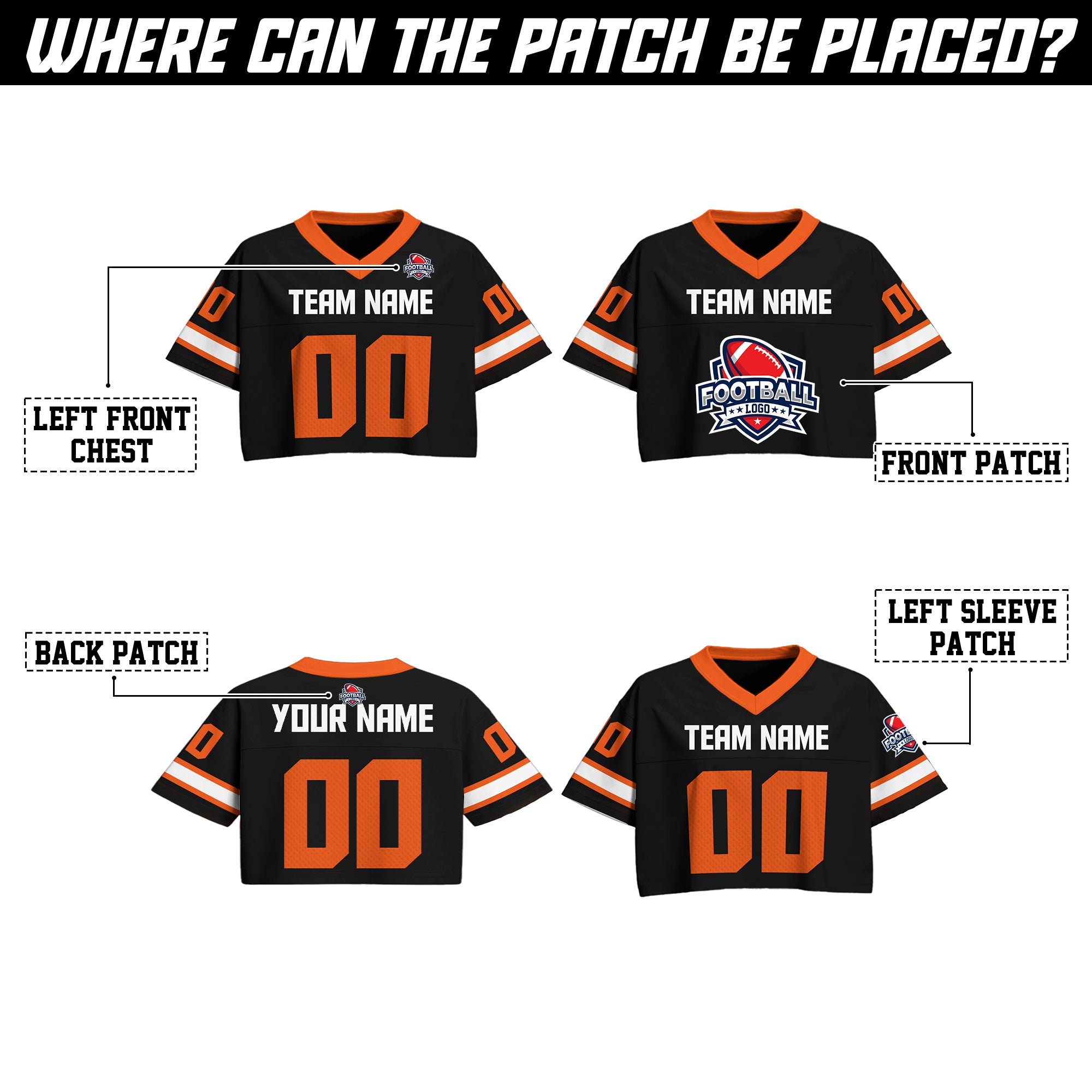 Custom Black and Orange Cropped Football Jersey, Gift for Her