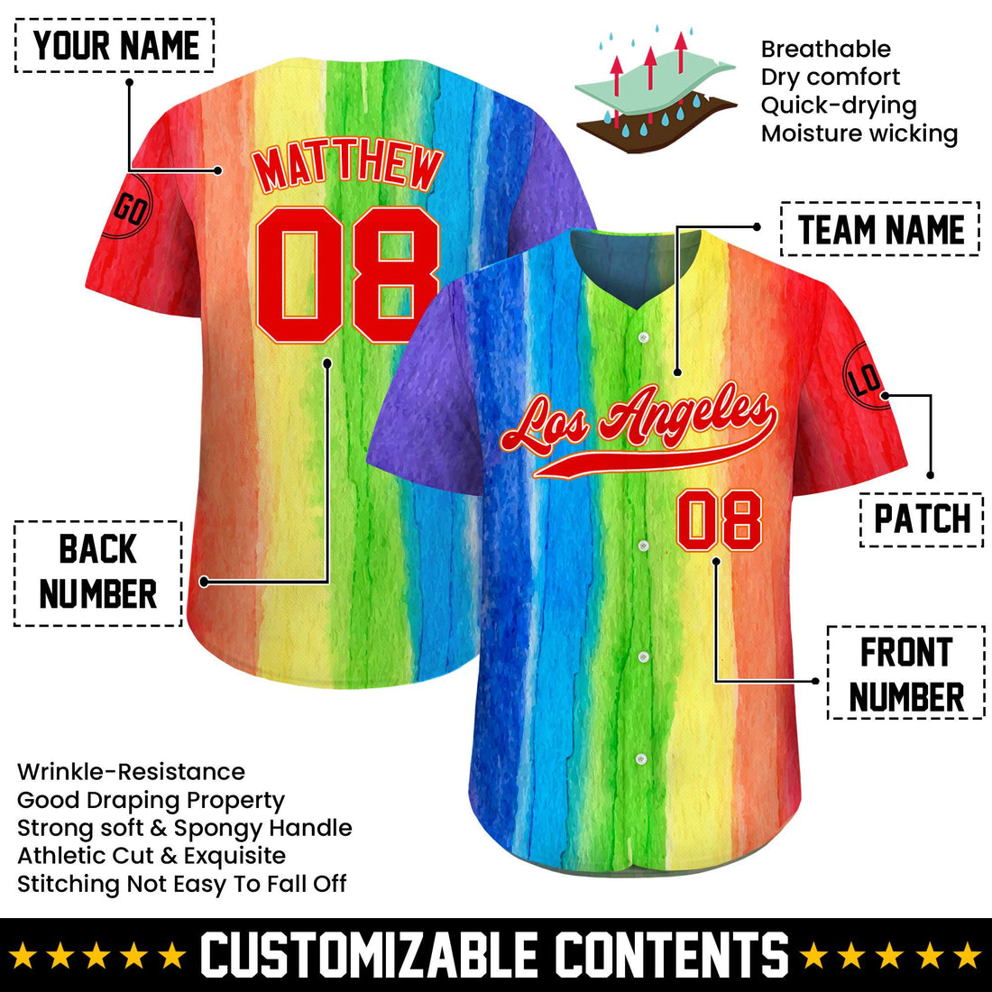 Artistic Watercolor Rainbow LGBTQ+ Pride Baseball Jersey