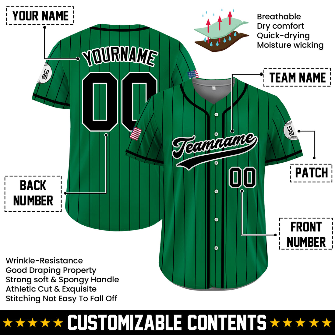 Custom Green and Black Pinstripe Baseball Jersey, Custom Baseball Jersey for Men Women Youth Kid