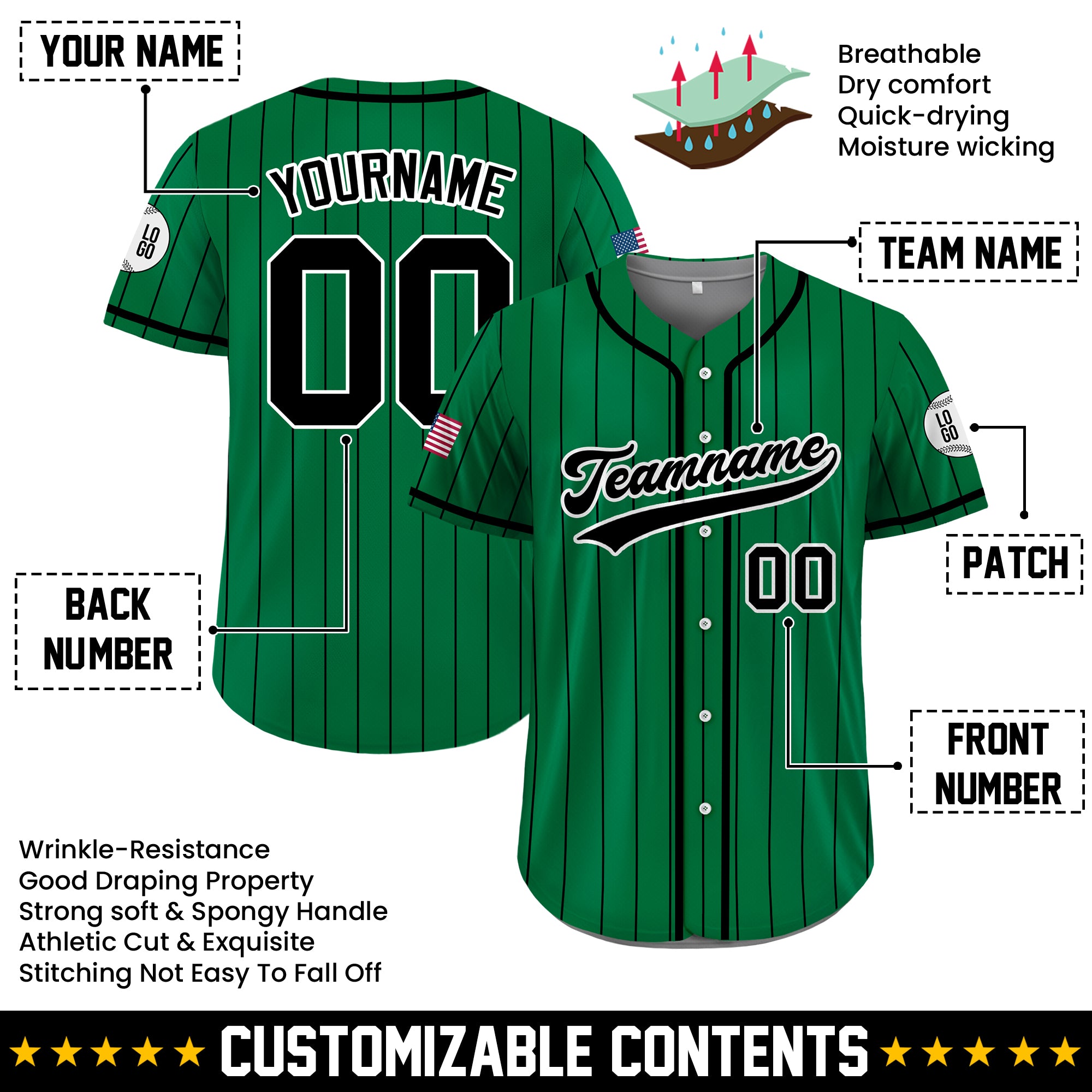 Custom Green and Black Pinstripe Baseball Jersey, Custom Baseball Jersey for Men Women Youth Kid