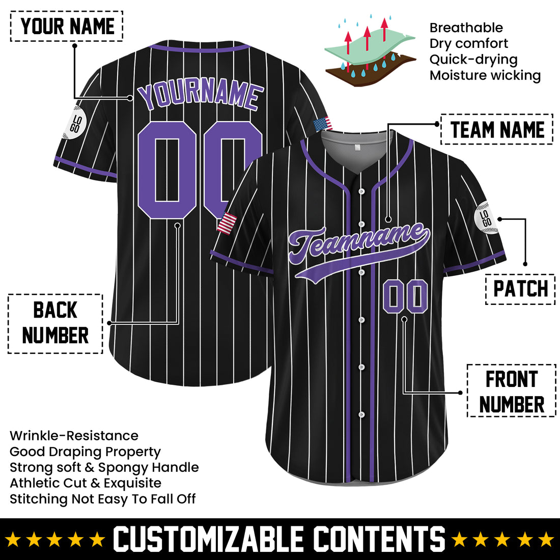 Custom Black and Purple Pinstripe Baseball Jersey, Custom Baseball Jersey for Men Women Youth Kid