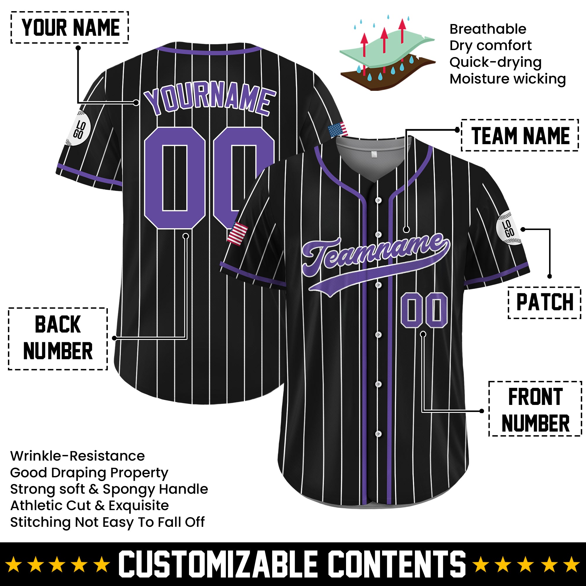 Custom Black and Purple Pinstripe Baseball Jersey, Custom Baseball Jersey for Men Women Youth Kid
