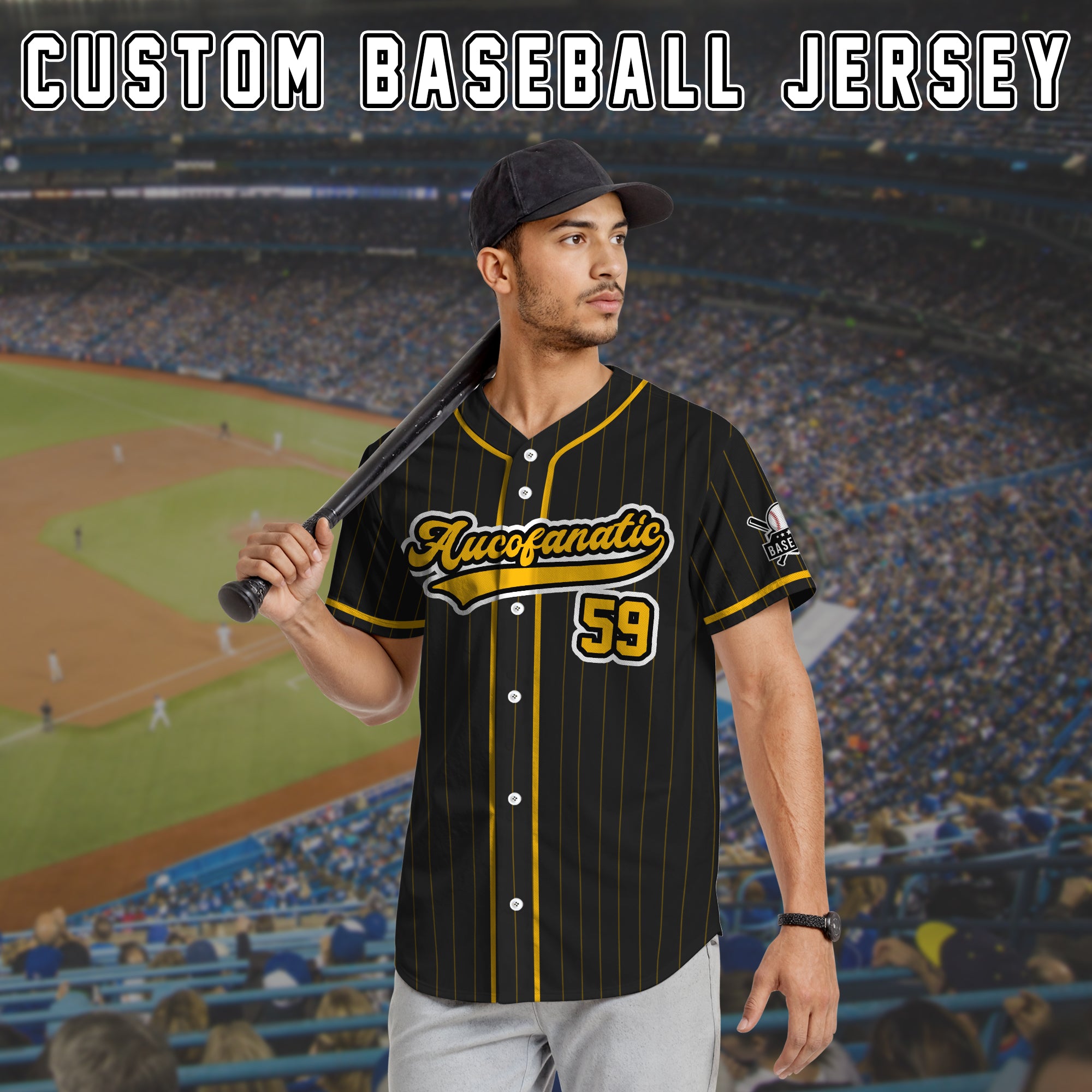 Custom Black and Gold Pinstripe Baseball Jersey, Custom Team Name Number Logo Baseball Jersey