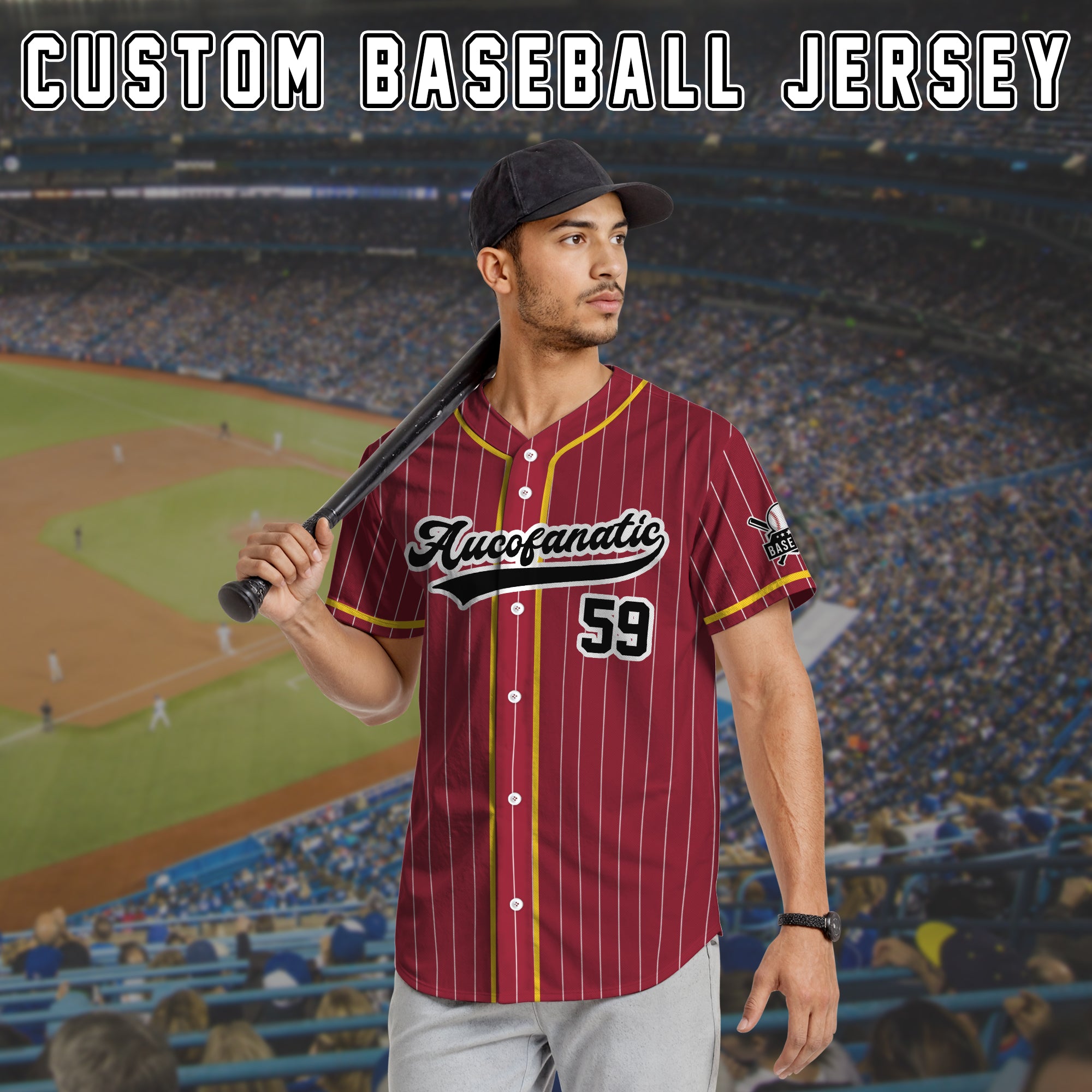 Custom Maroon Pinstripe Baseball Jersey with Gold Trim, Personalized Gift for Men, Women, Dad, Sports Fans