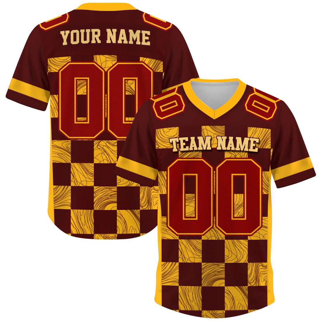 Custom Maroon Gold Chess Pattern Football Jersey, Personalized Name Number & Logo Football Jerseys for Men Women Youth