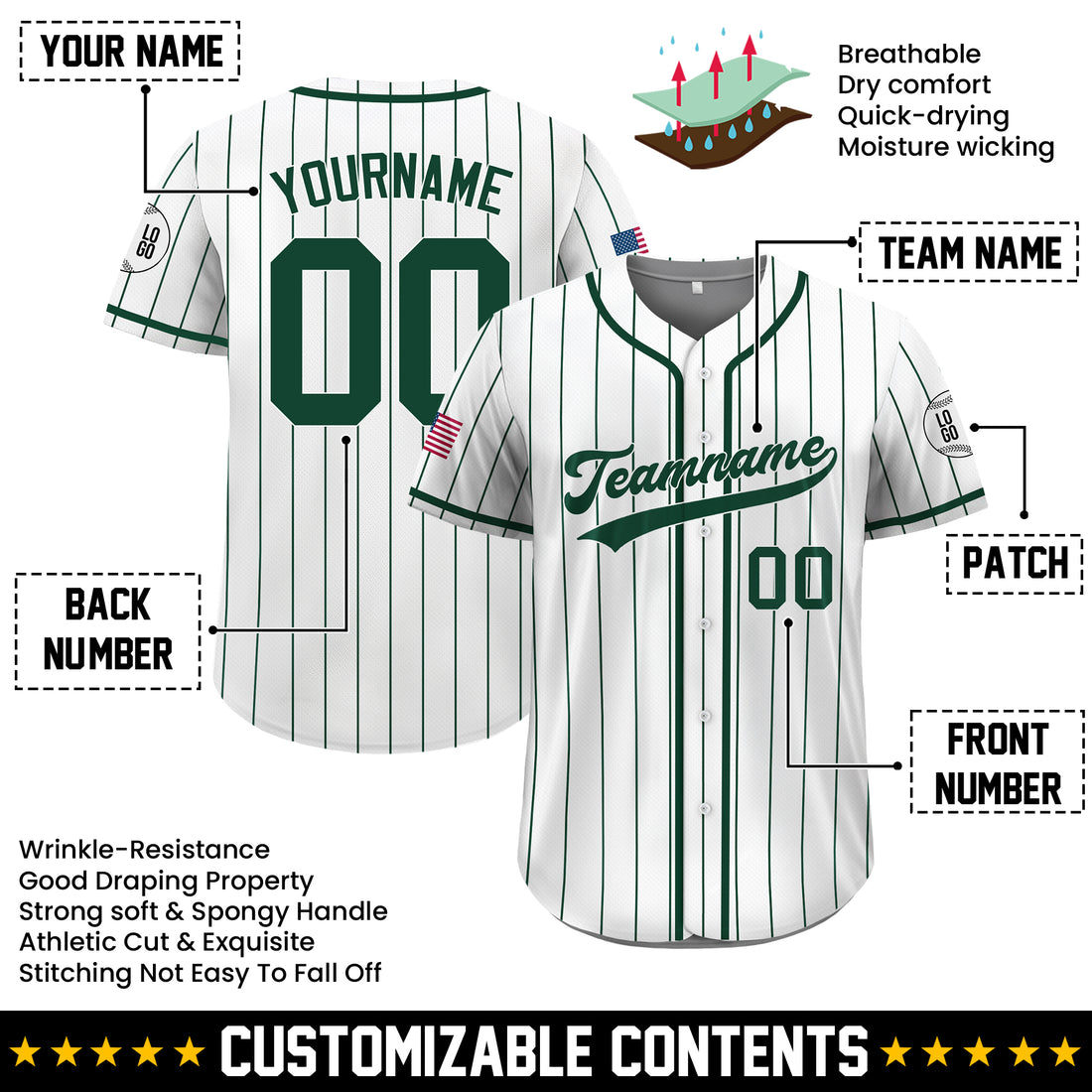 Custom White and Dark Green Pinstripe Baseball Jersey, Custom Baseball Jersey for Men Women Youth Kid