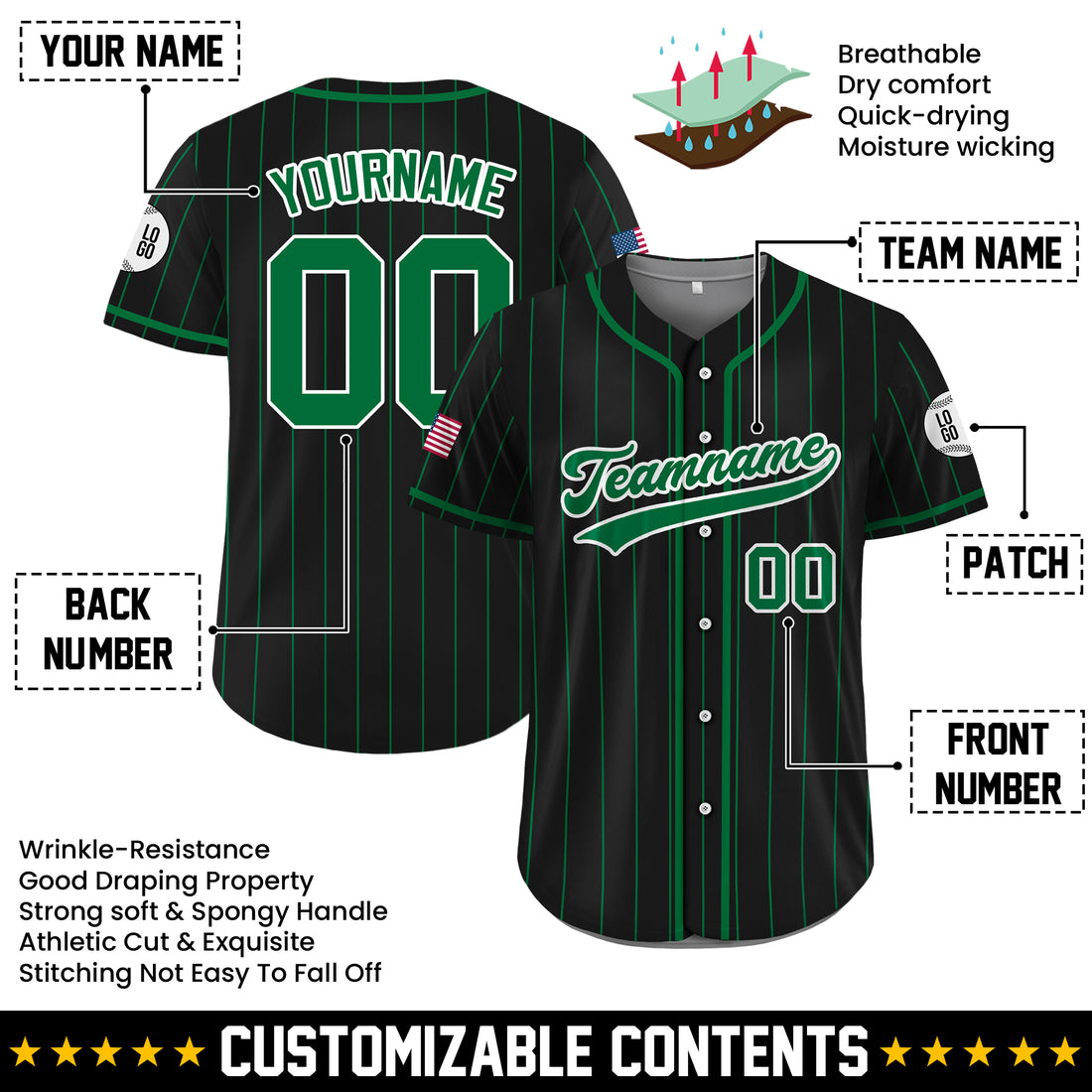 Custom Black and Green Pinstripe Baseball Jersey, Custom Team Name Number Logo Baseball Jersey