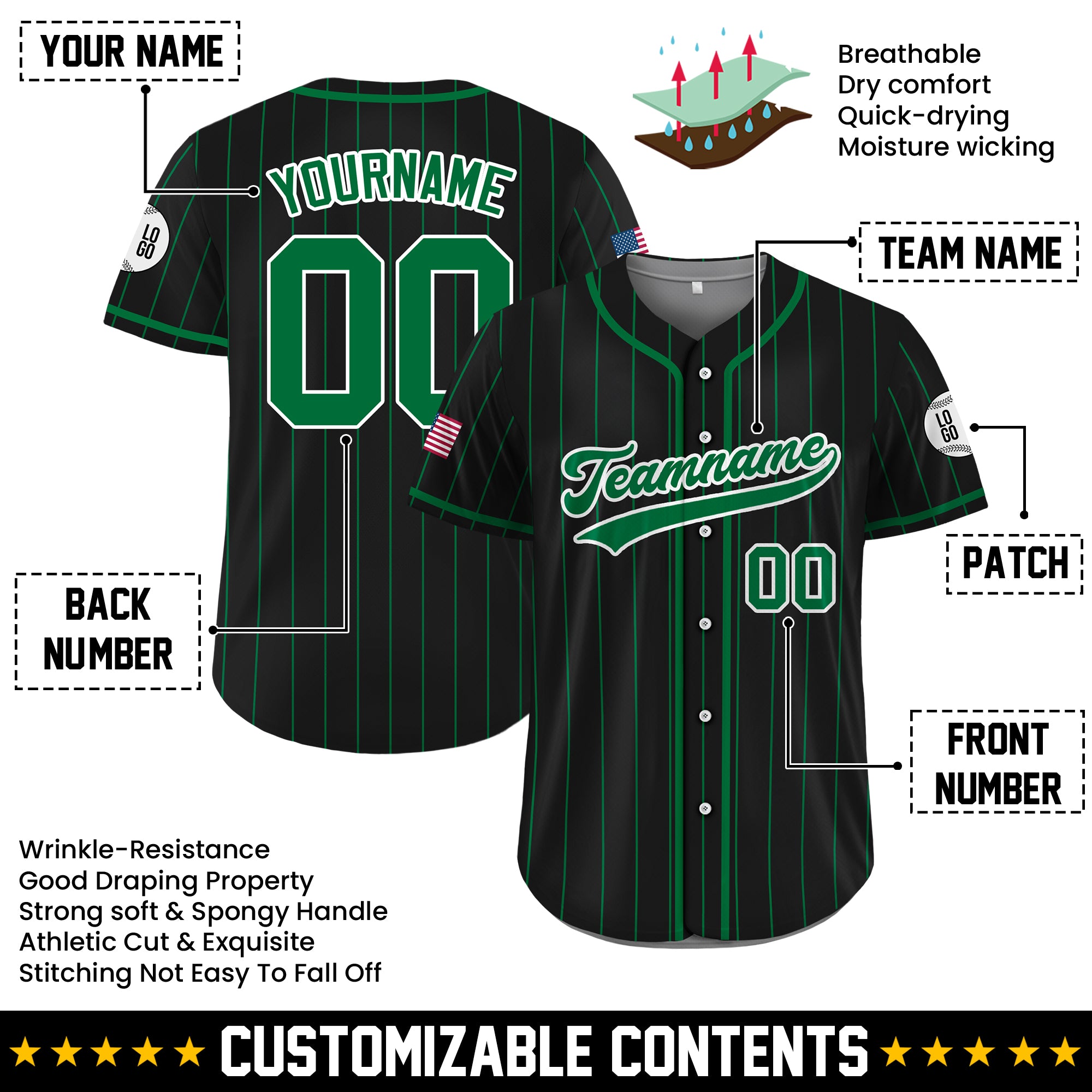 Custom Black and Green Pinstripe Baseball Jersey, Custom Team Name Number Logo Baseball Jersey