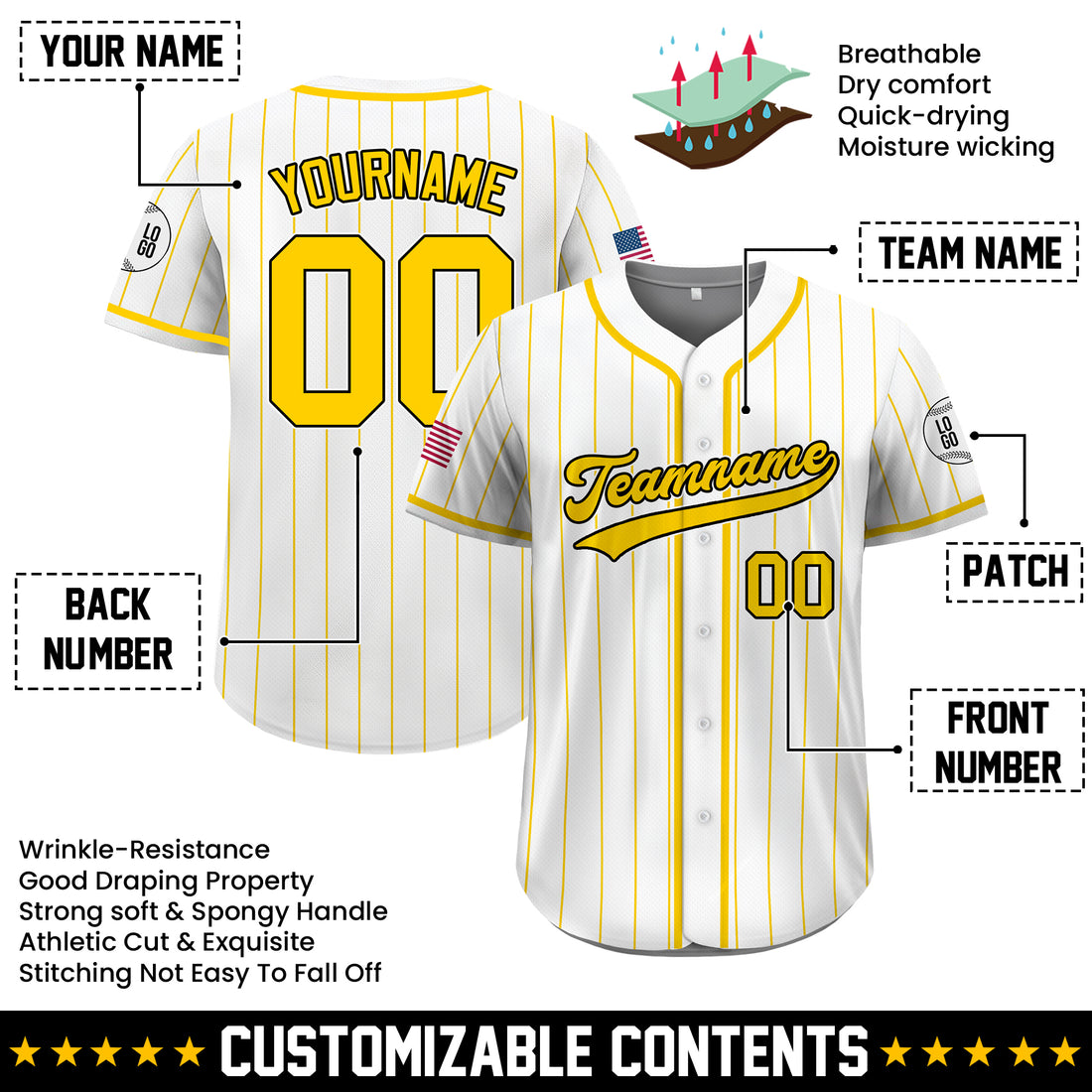 Custom White and Yellow Pinstripe Baseball Jersey, Personalized Team Uniforms for Men, Women & Youth Fans