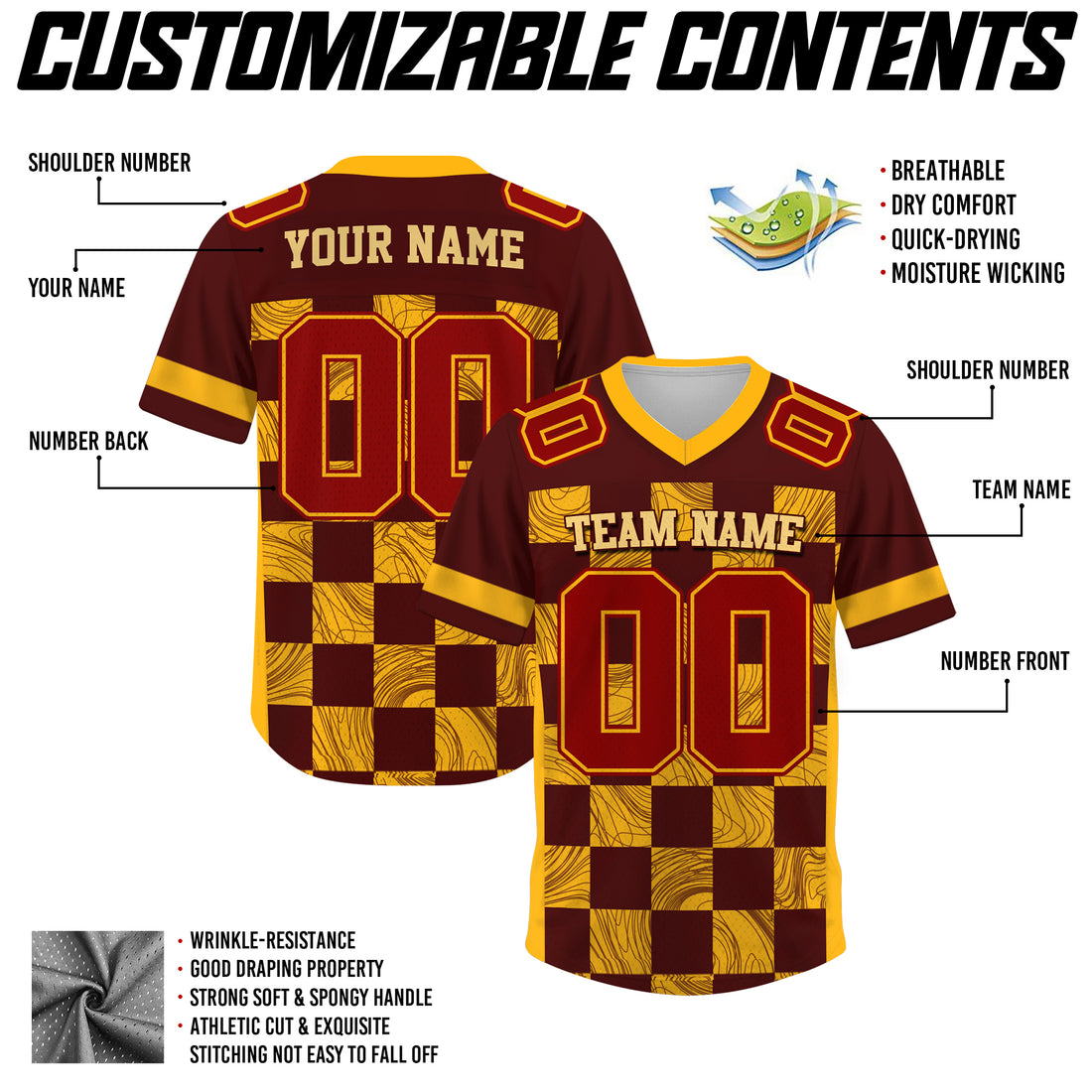 Custom Maroon Gold Chess Pattern Football Jersey, Personalized Name Number & Logo Football Jerseys for Men Women Youth