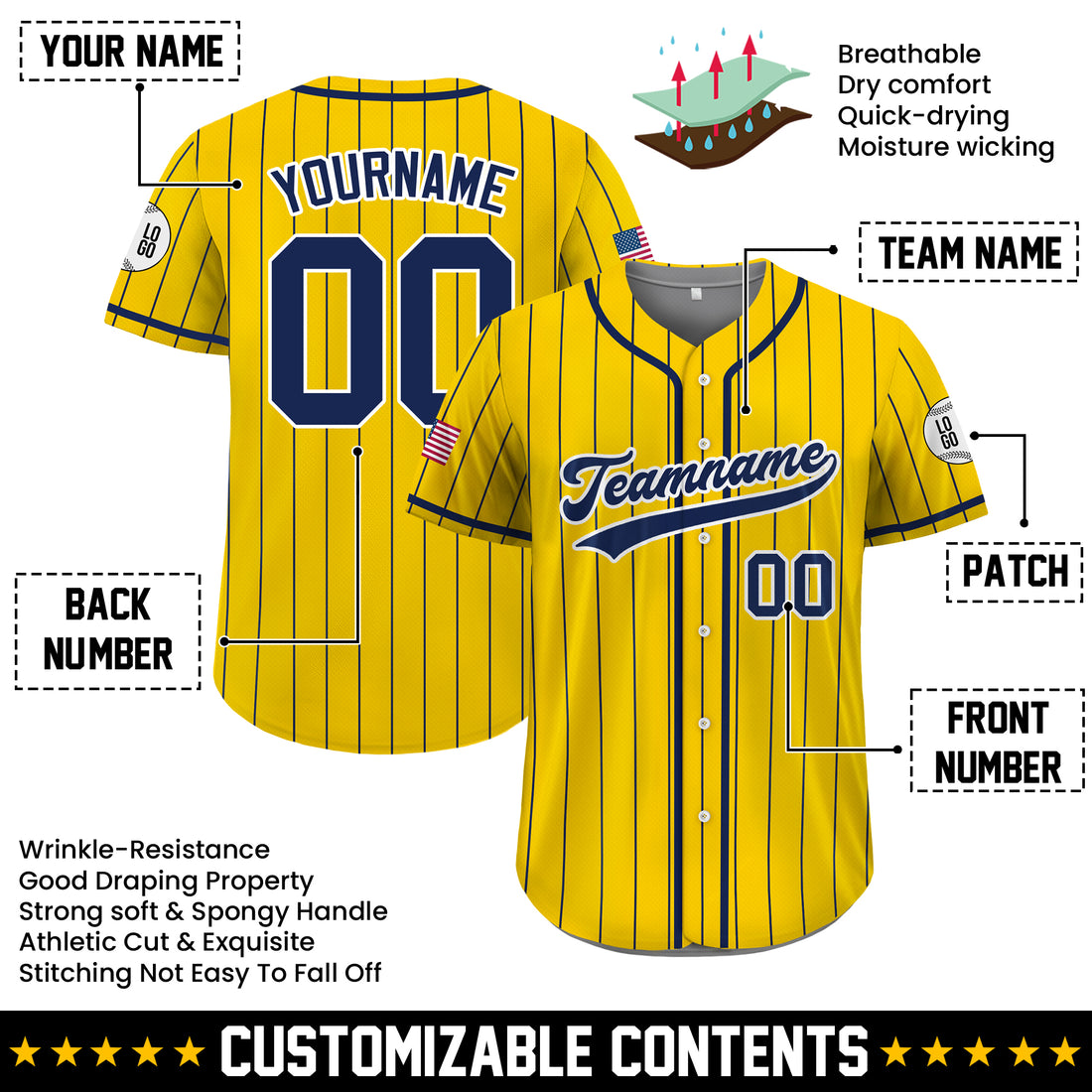 Custom Yellow and Navy Pinstripe Baseball Jersey, Personalized Team Uniforms for Men, Women & Youth Fans