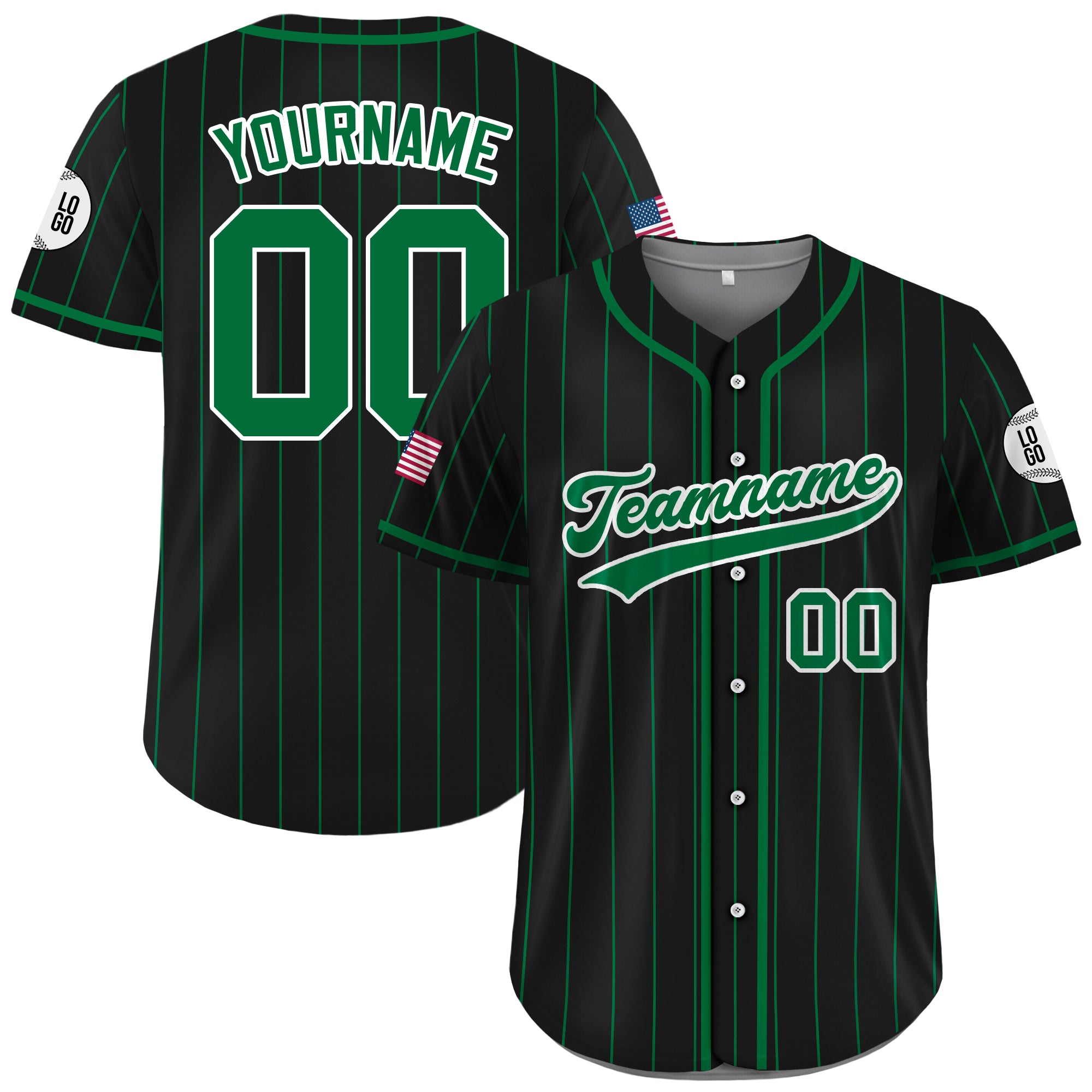 Custom Black and Green Pinstripe Baseball Jersey, Custom Team Name Number Logo Baseball Jersey