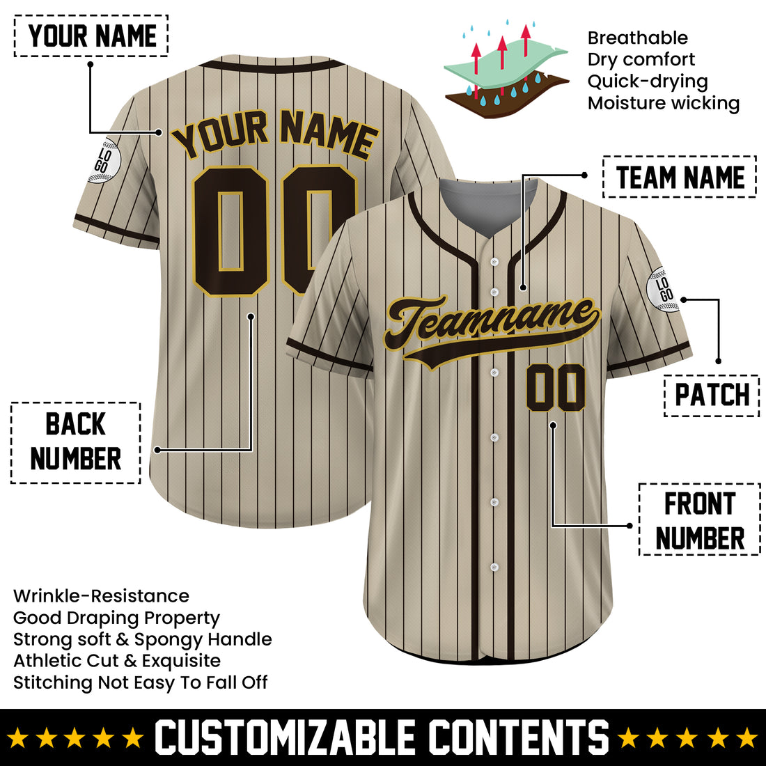 Custom Tan and Brown Pinstripe Baseball Jersey, Personalized Baseball Gift Jersey