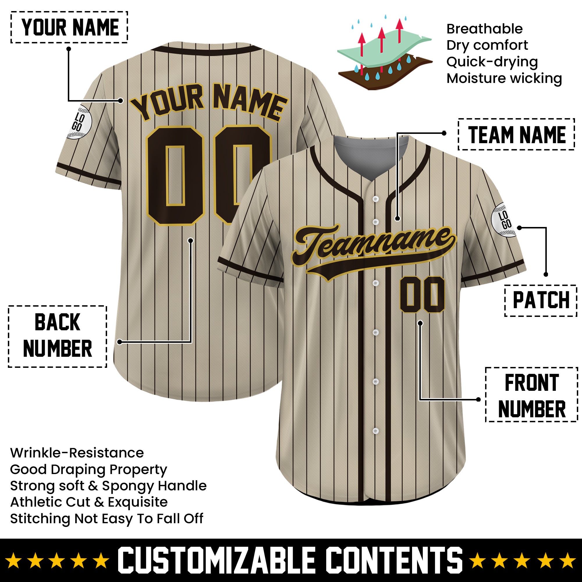 Custom Tan and Brown Pinstripe Baseball Jersey, Personalized Baseball Gift Jersey