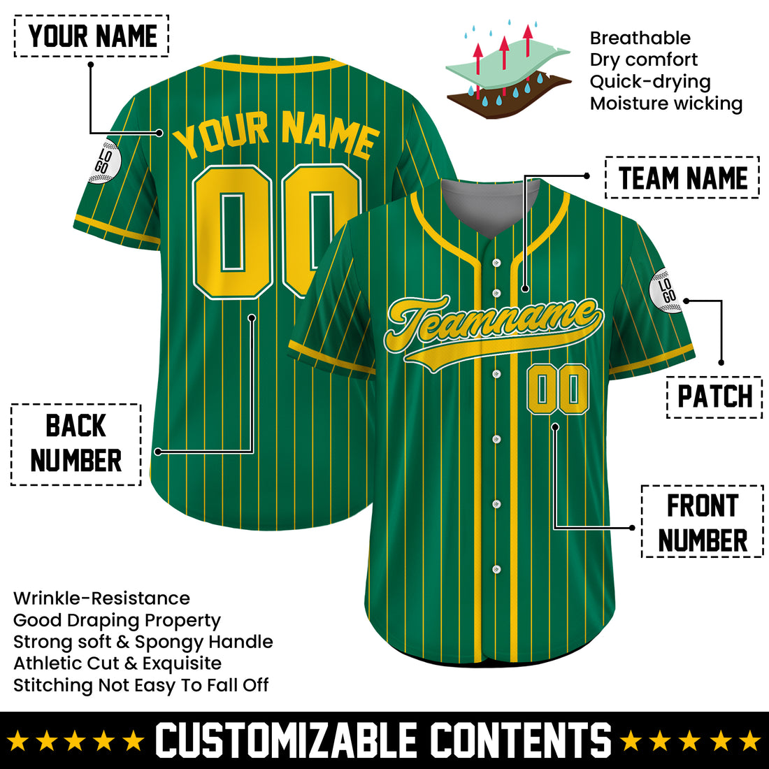 Custom Green and Yellow Pinstripe Baseball Jersey, Custom Baseball Jersey for Men Women Youth Kid