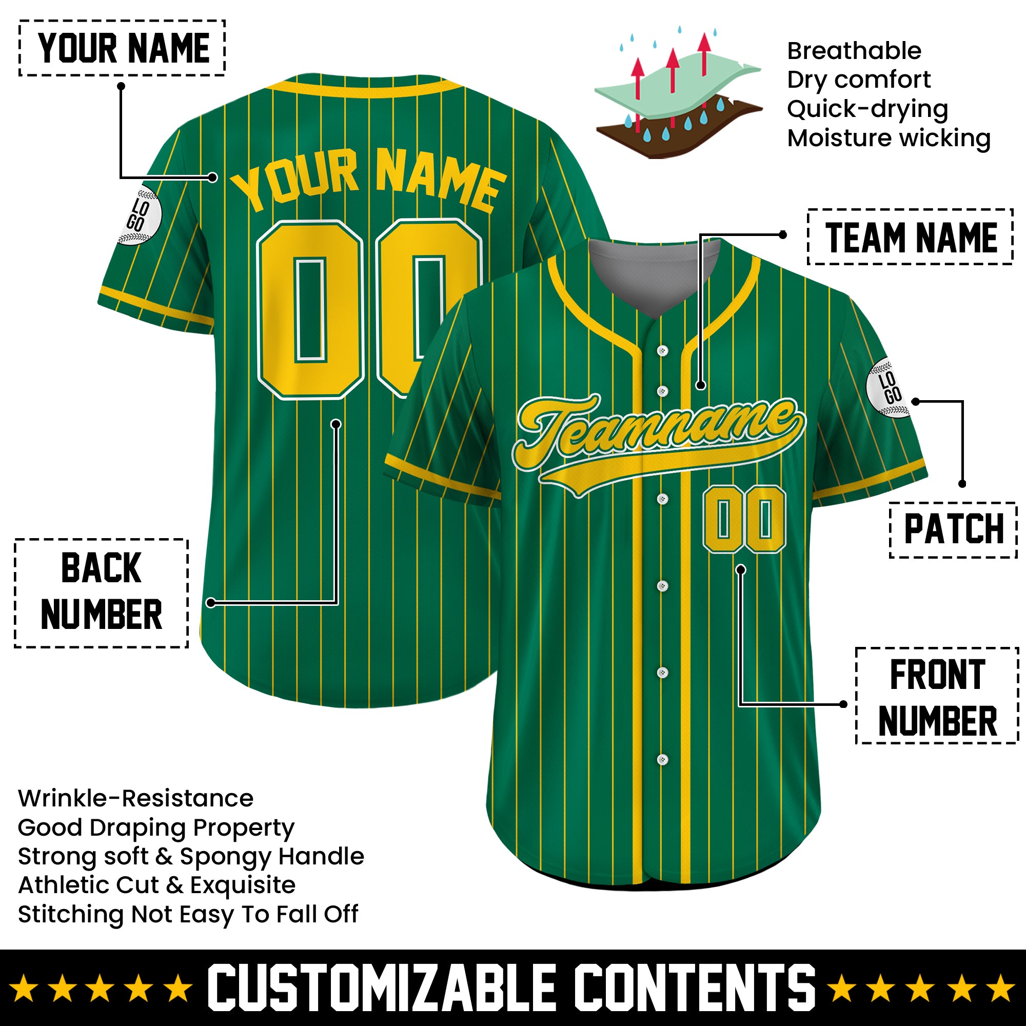 Custom Green and Yellow Pinstripe Baseball Jersey, Custom Baseball Jersey for Men Women Youth Kid