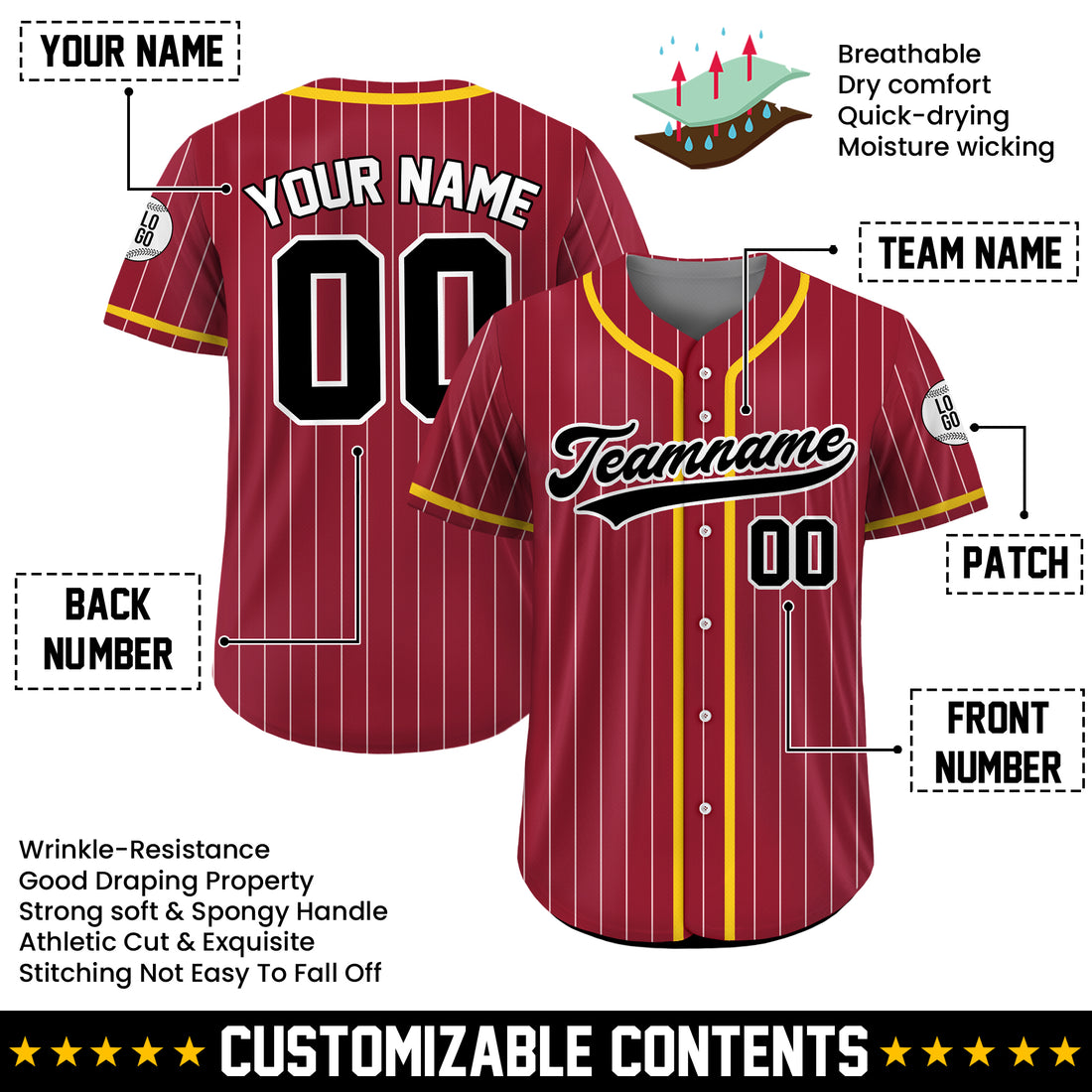 Custom Maroon Pinstripe Baseball Jersey with Gold Trim, Personalized Gift for Men, Women, Dad, Sports Fans
