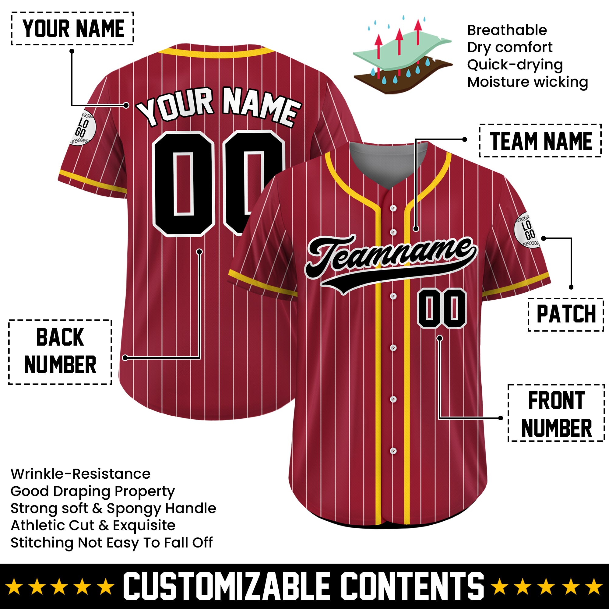 Custom Maroon Pinstripe Baseball Jersey with Gold Trim, Personalized Gift for Men, Women, Dad, Sports Fans