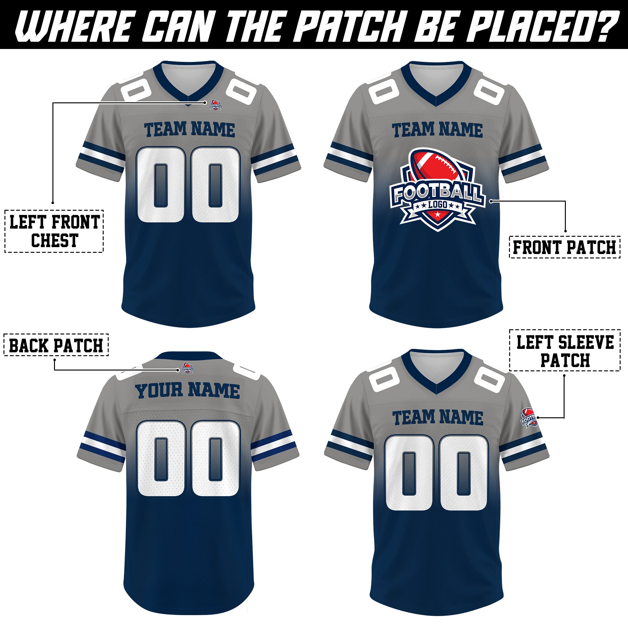 Custom Gray Navy Blue Gradient Football Jersey, Personalized Team Name Number Football Jersey for Men Women Youth