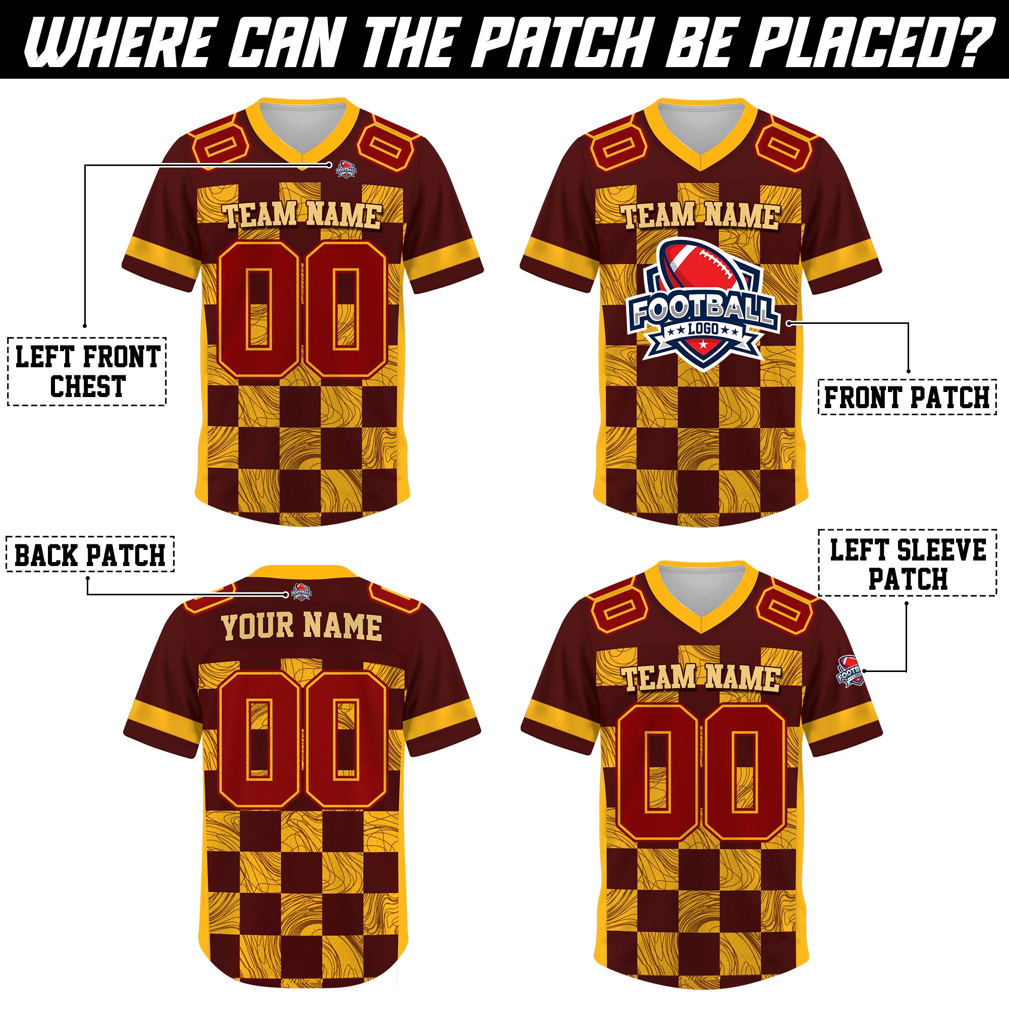 Custom Maroon Gold Chess Pattern Football Jersey, Personalized Name Number & Logo Football Jerseys for Men Women Youth