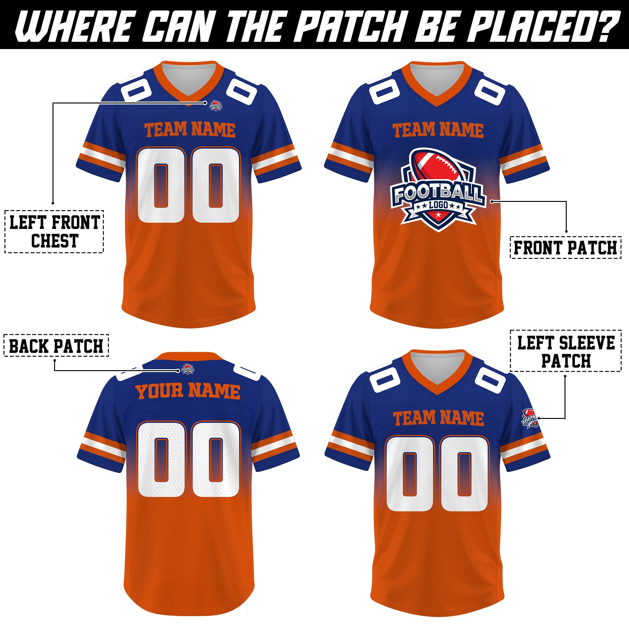 Custom Royal Blue Orange Gradient Football Jersey, Personalized Team Name Number Football Jersey for Men Women Youth