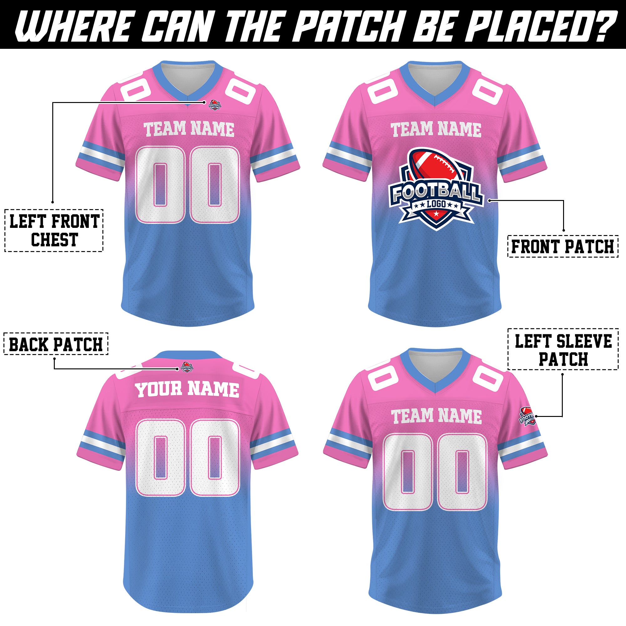 Custom Pink Light Blue Gradient Football Jersey, Personalized Team Name Number Football Jersey for Men Women Youth