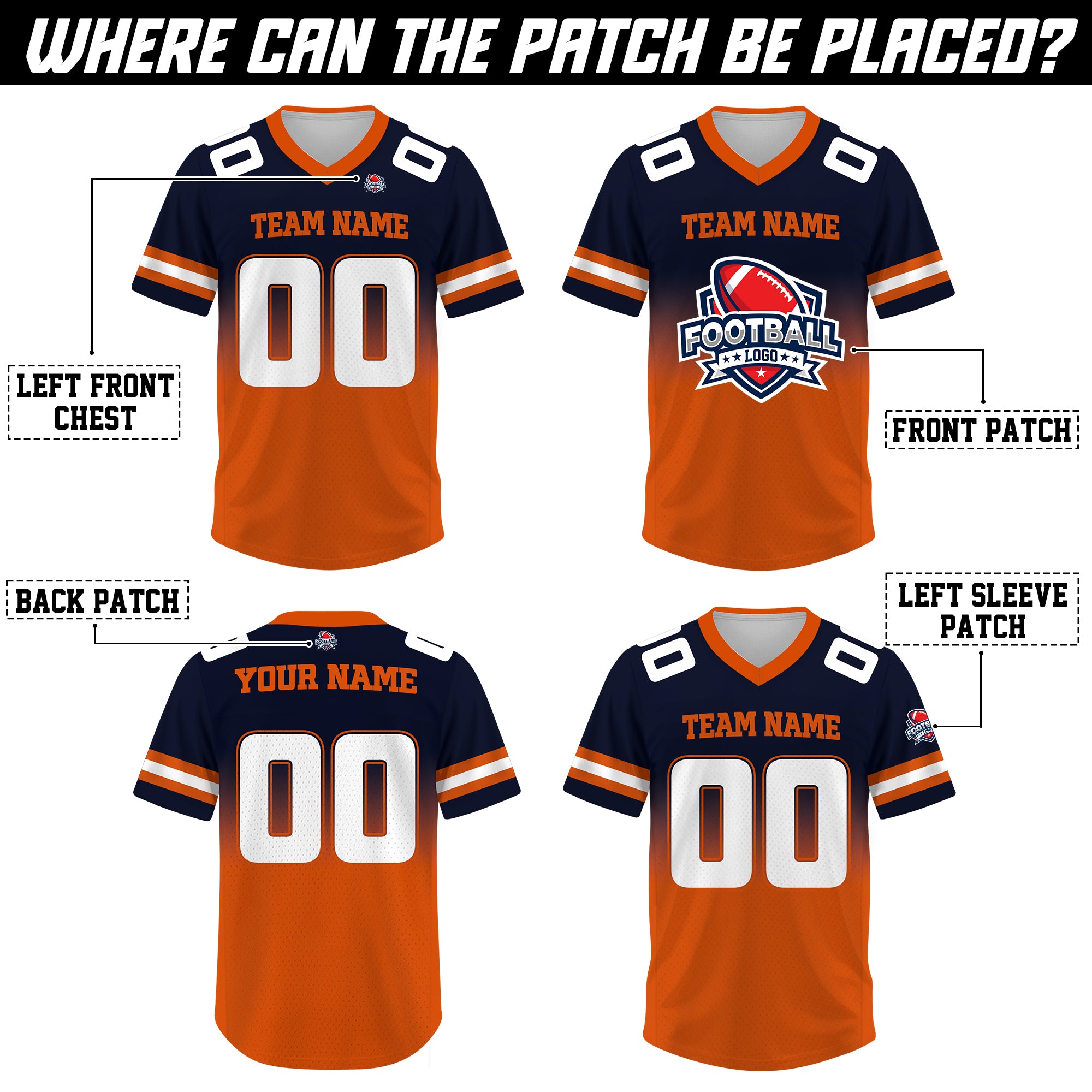 Custom Navy Blue Orange Gradient Football Jersey, Personalized Team Name Number Football Jersey for Men Women Youth