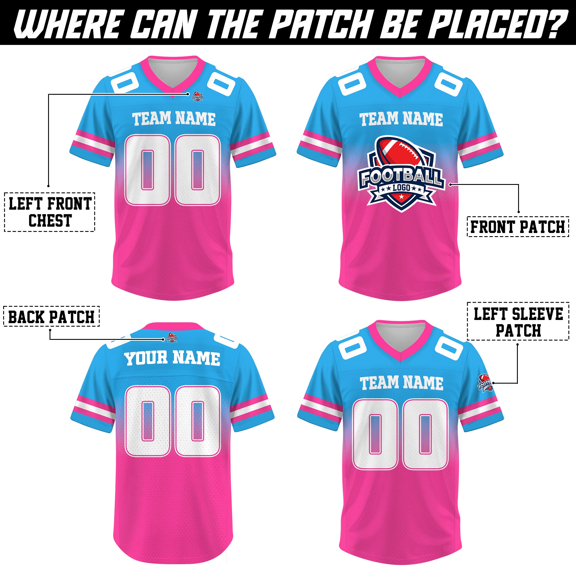 Custom Aqua Blue Pink Gradient Football Jersey, Personalized Team Name Number Football Jersey for Men Women Youth