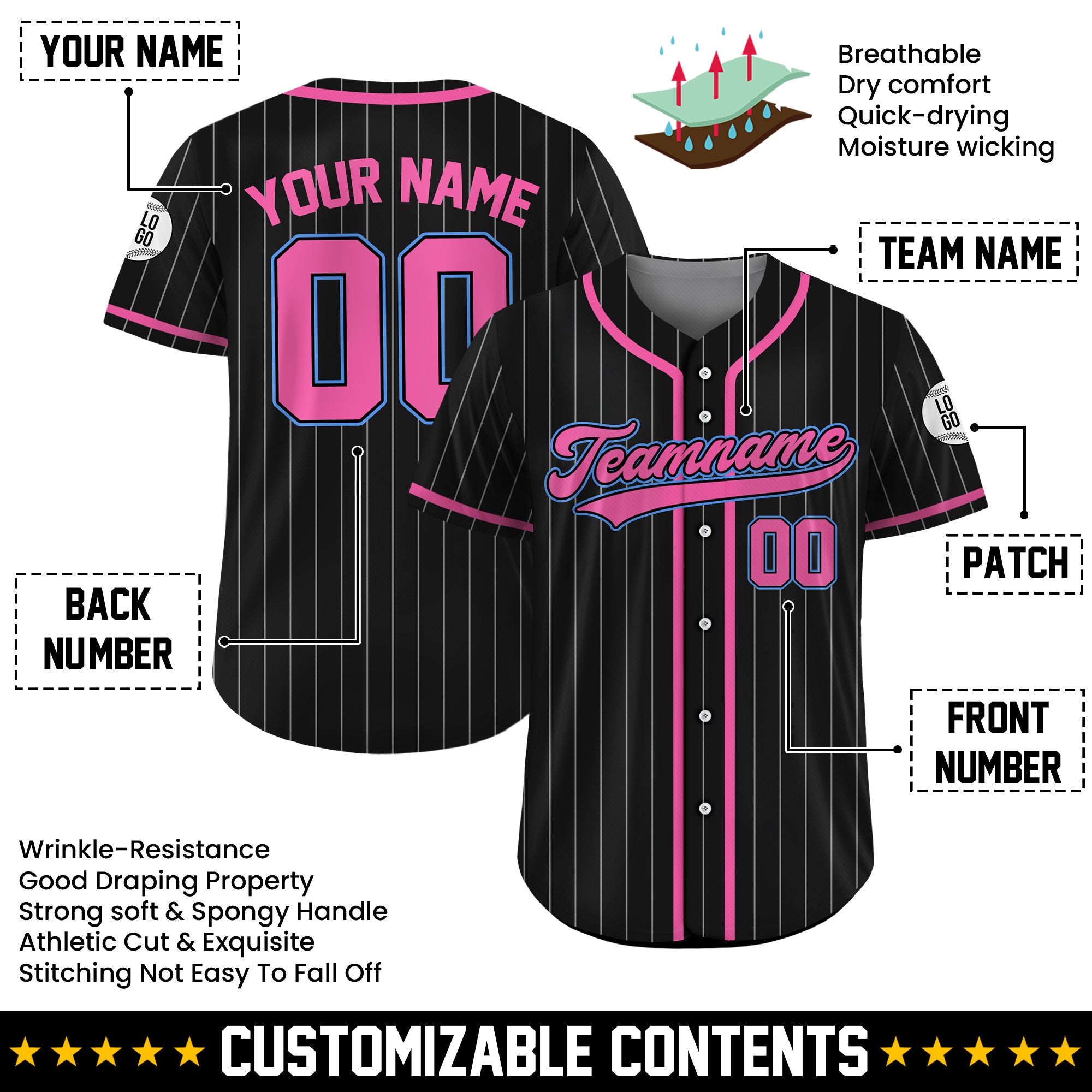Custom Black and Pink Pinstripe Baseball Jersey, Personalized Team Uniforms for Men, Women & Youth Fans