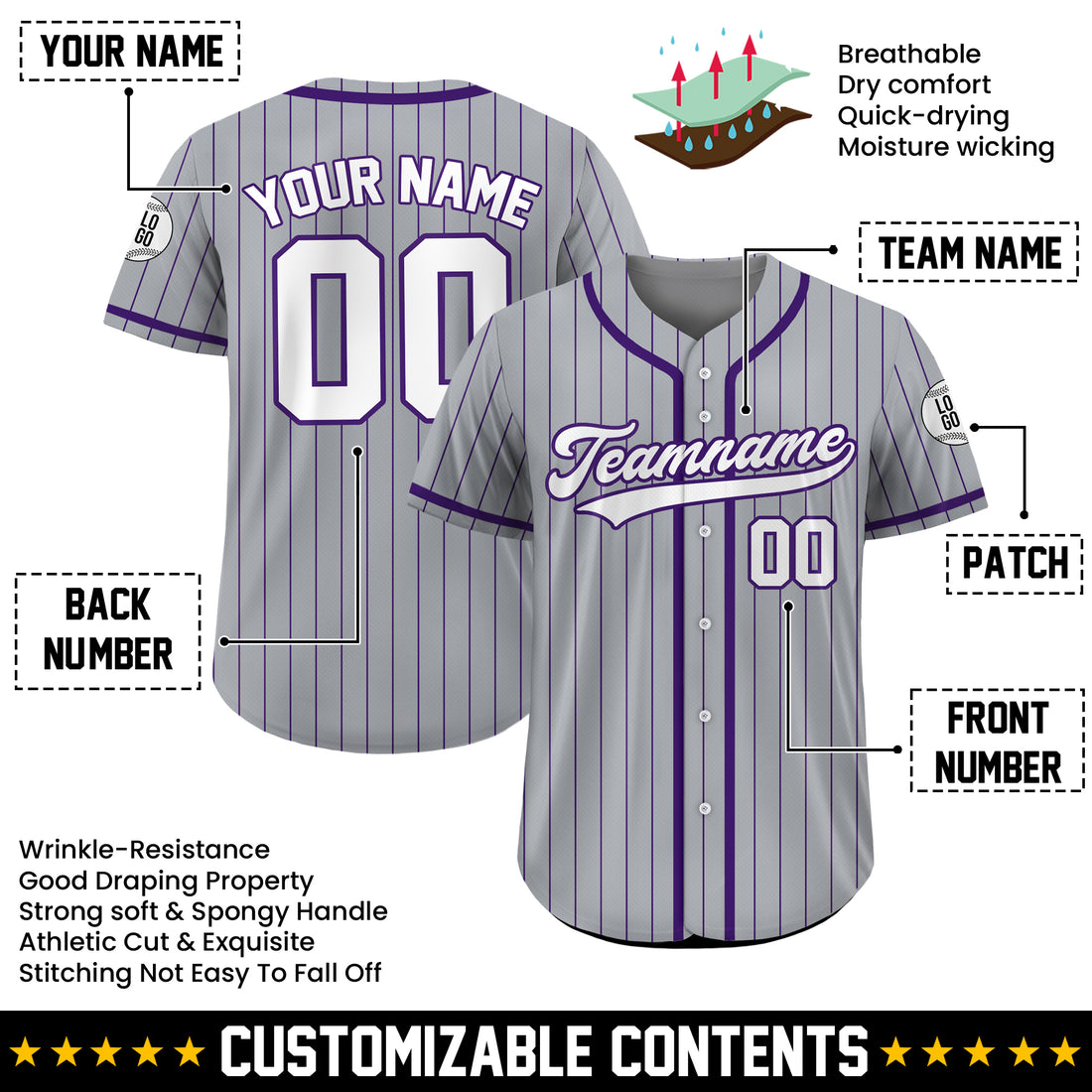 Custom Gray  Purple Pinstripe Baseball Jersey, Personalized Uniform for Men & Women's Teams