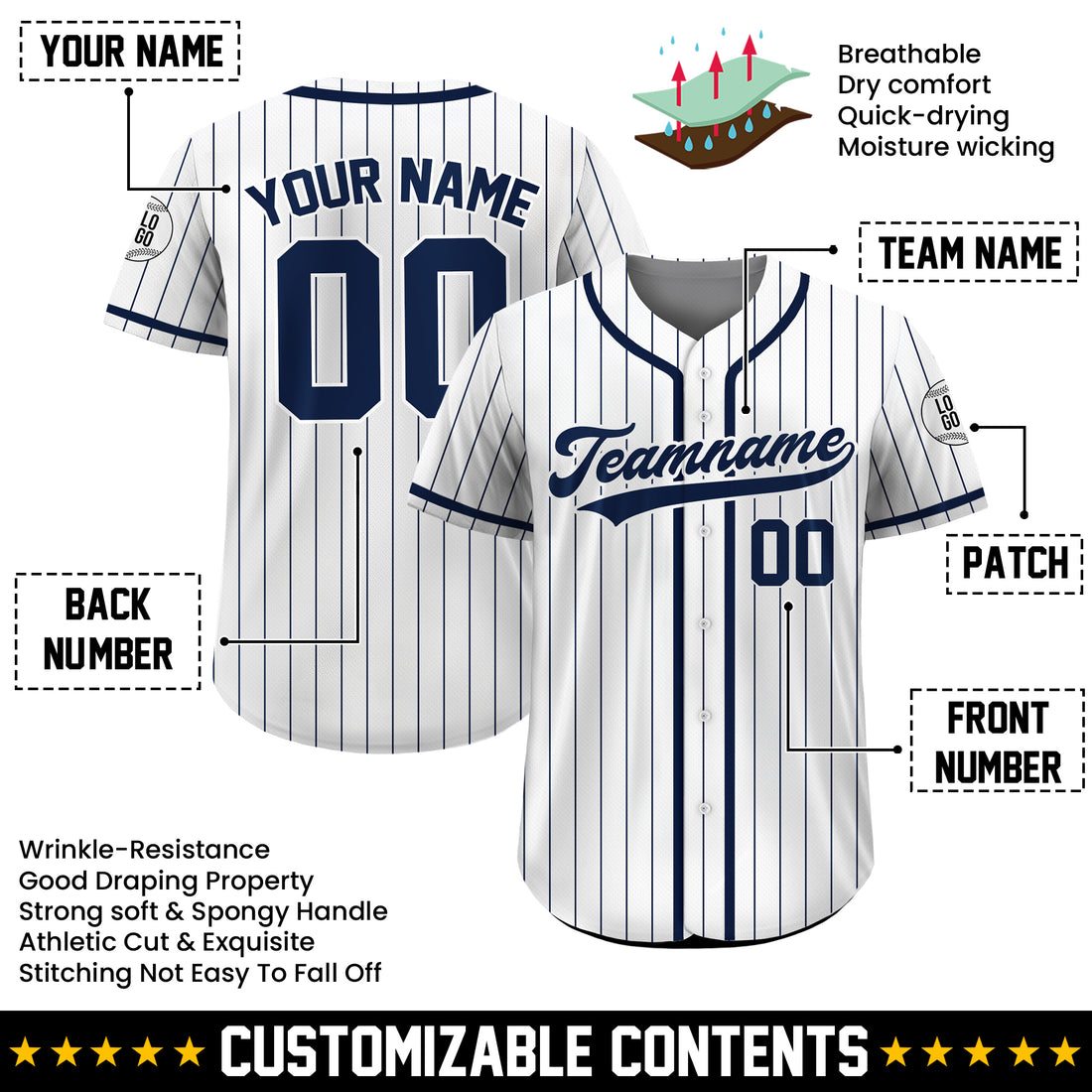 Custom White and Navy Pinstripe Baseball Jersey, Custom Team Uniform Baseball Jersey All Sizes