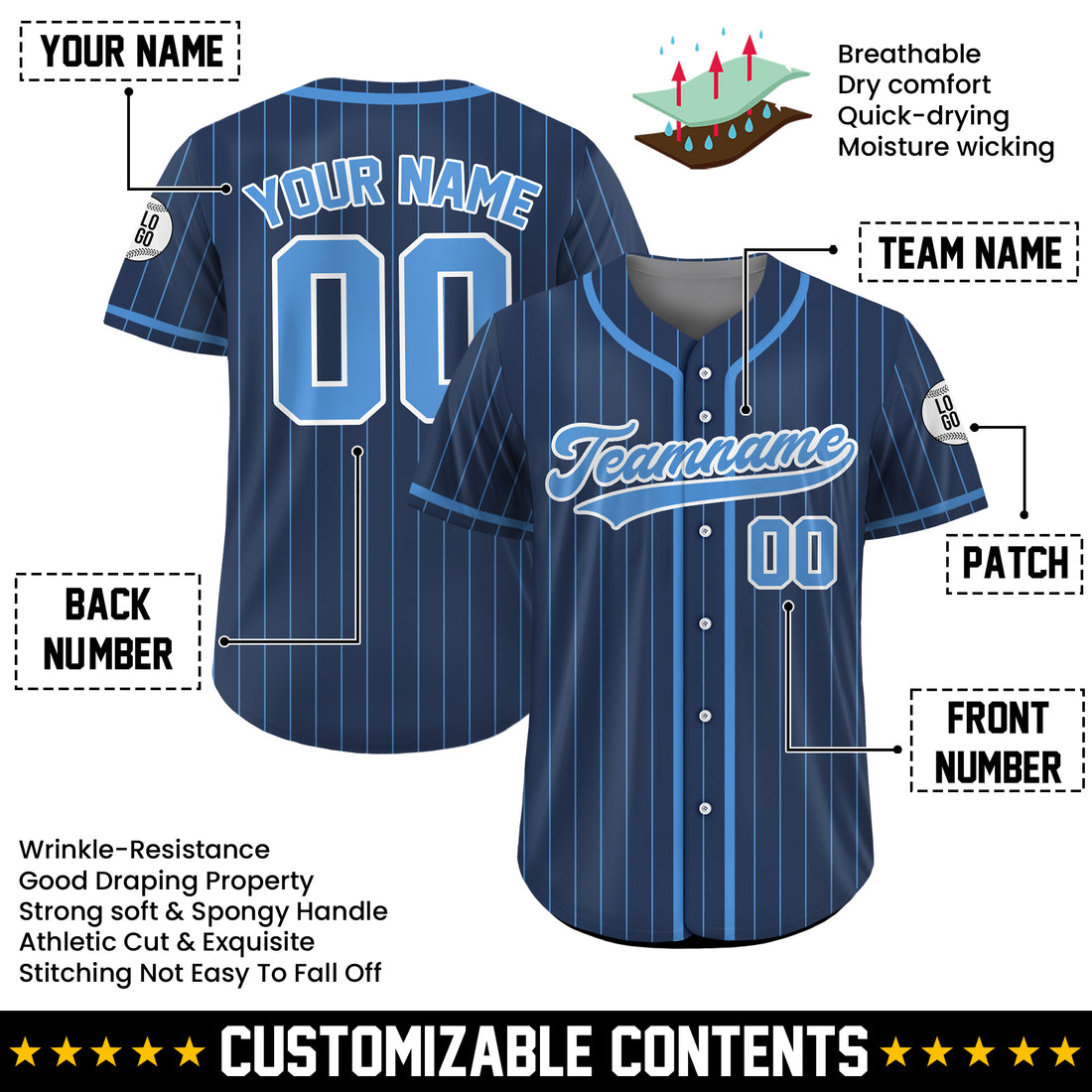 Custom Navy Blue and Sky Blue Pinstripe Baseball Jersey, Personalized Family Baseball Jersey