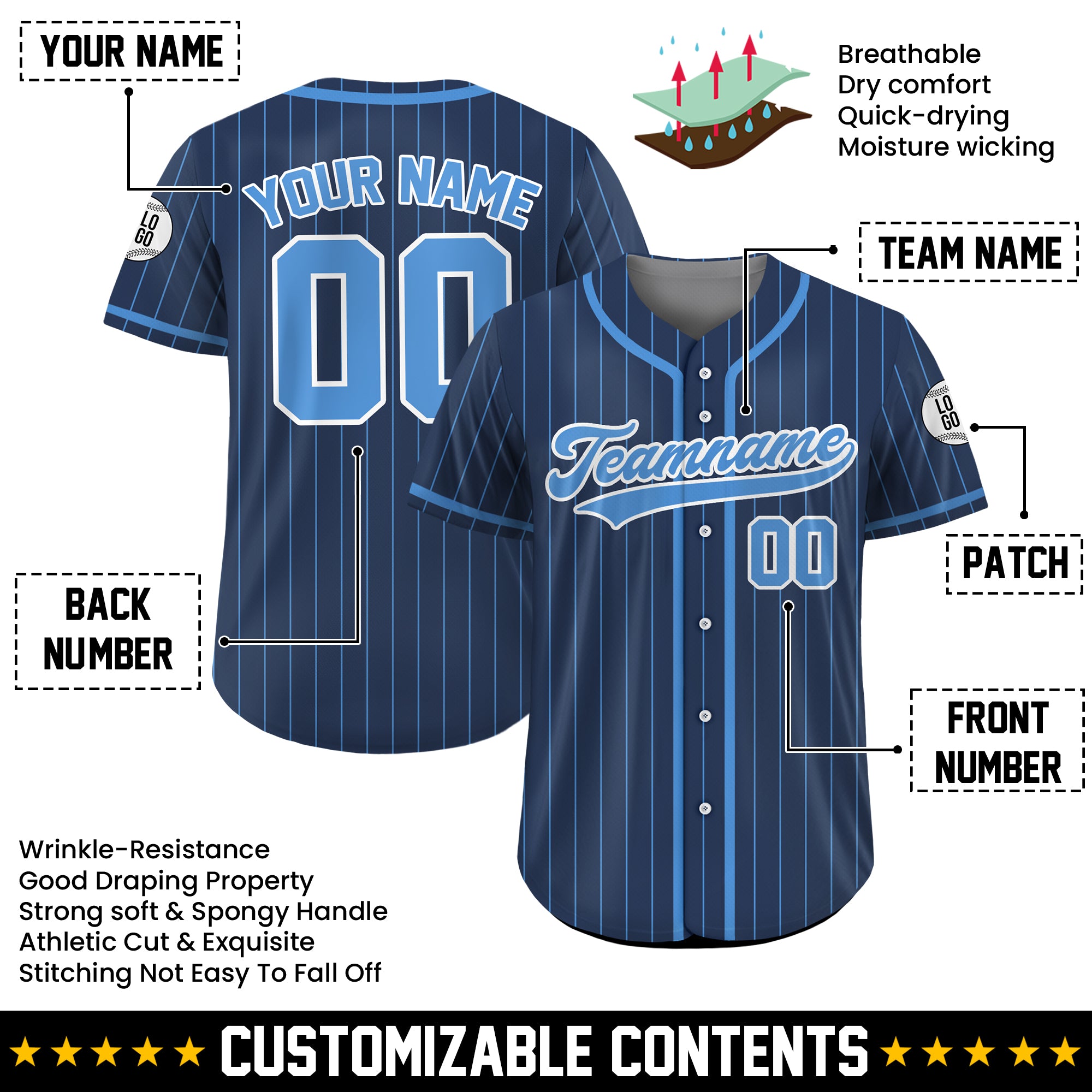 Custom Navy Blue and Sky Blue Pinstripe Baseball Jersey, Personalized Family Baseball Jersey