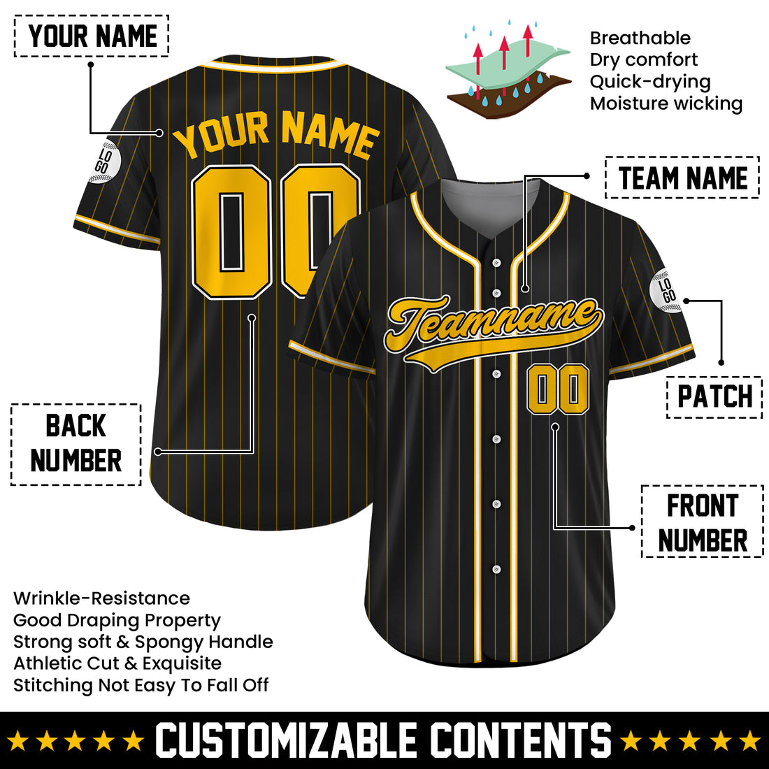 Custom Black and Gold Pinstripe Baseball Jersey, Custom Team Name Number Logo Baseball Jersey
