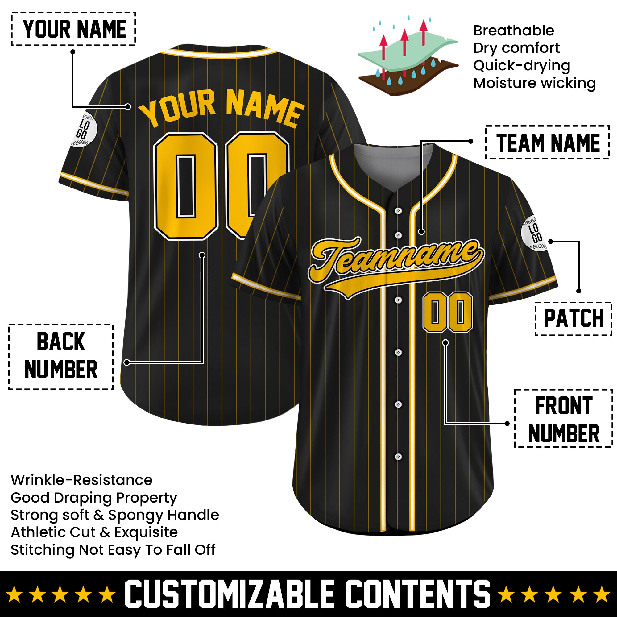 Custom Black and Gold Pinstripe Baseball Jersey, Custom Team Name Number Logo Baseball Jersey